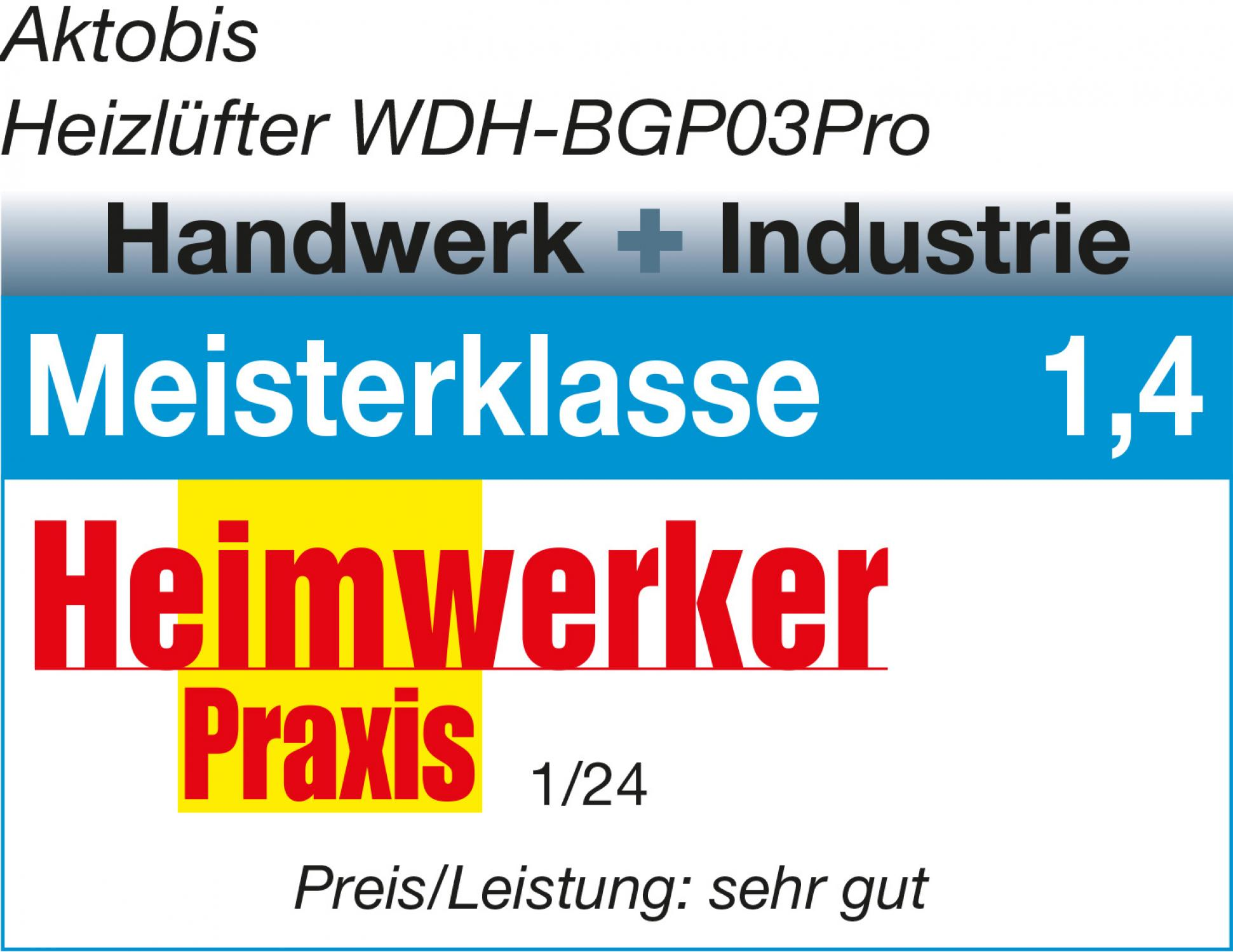 Werbebild für ein Heizgerät. Enthält Text: Aktobis, Meisterklasse, Heimwerker Praxis und eine Bewertung von 1,4. Enthält auch Text auf Deutsch.
