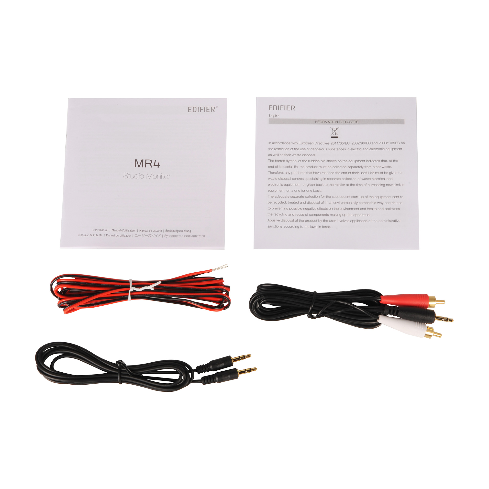 Pudełko Edifier MR4 Studio Monitor z kablami i instrukcją obsługi na białej powierzchni. Kable są czerwono-czarne.