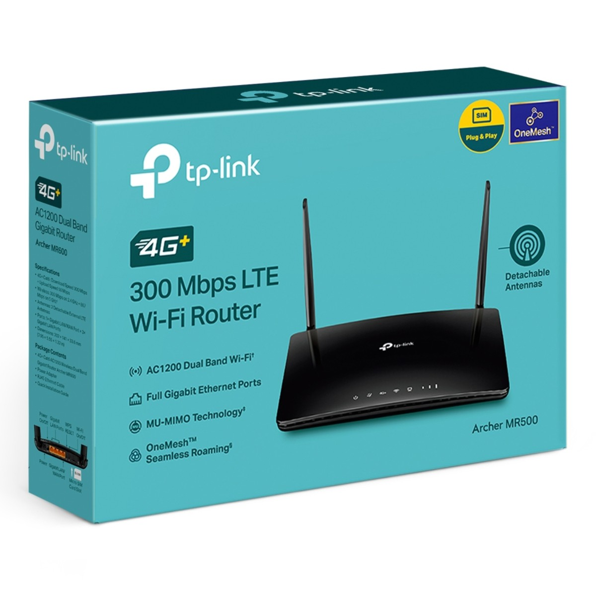 Een turquoise doos met een zwarte router en antennes. Tekst bevat 'tp-link', '4G+', 'Wi-Fi Router' en 'Archer MR500'.