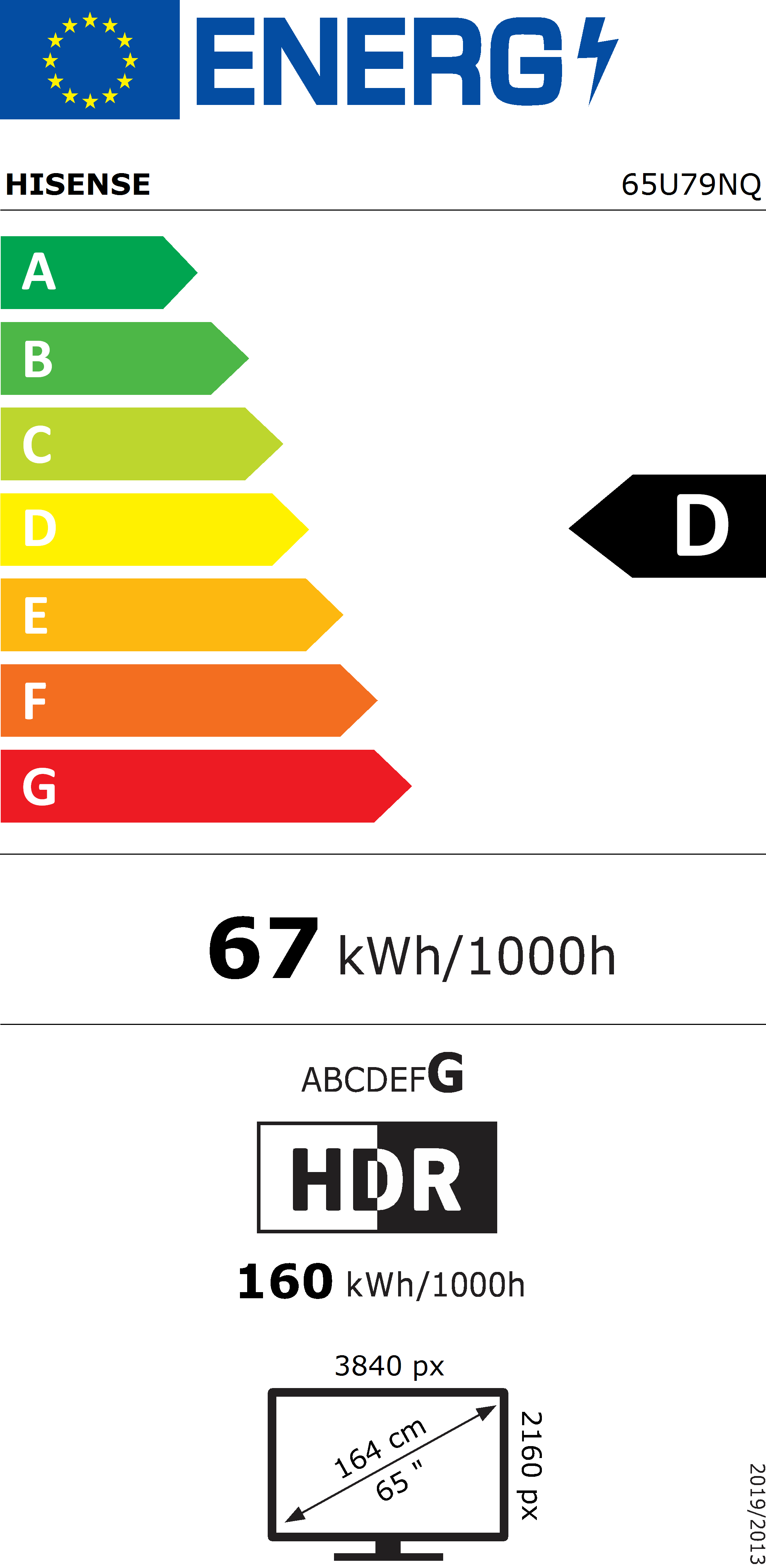 Etichetta energetica per TV Hisense. Mostra classi energetiche da A a G, con classe D. Dati consumo e dimensioni schermo.
