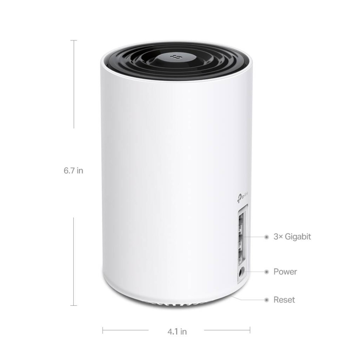 Een witte cilindrische router met zwarte bovenkant. Het heeft 3x Gigabit, stroom- en resetpoorten. Afmetingen zijn 6,7 inch hoog en 4,1 inch breed.