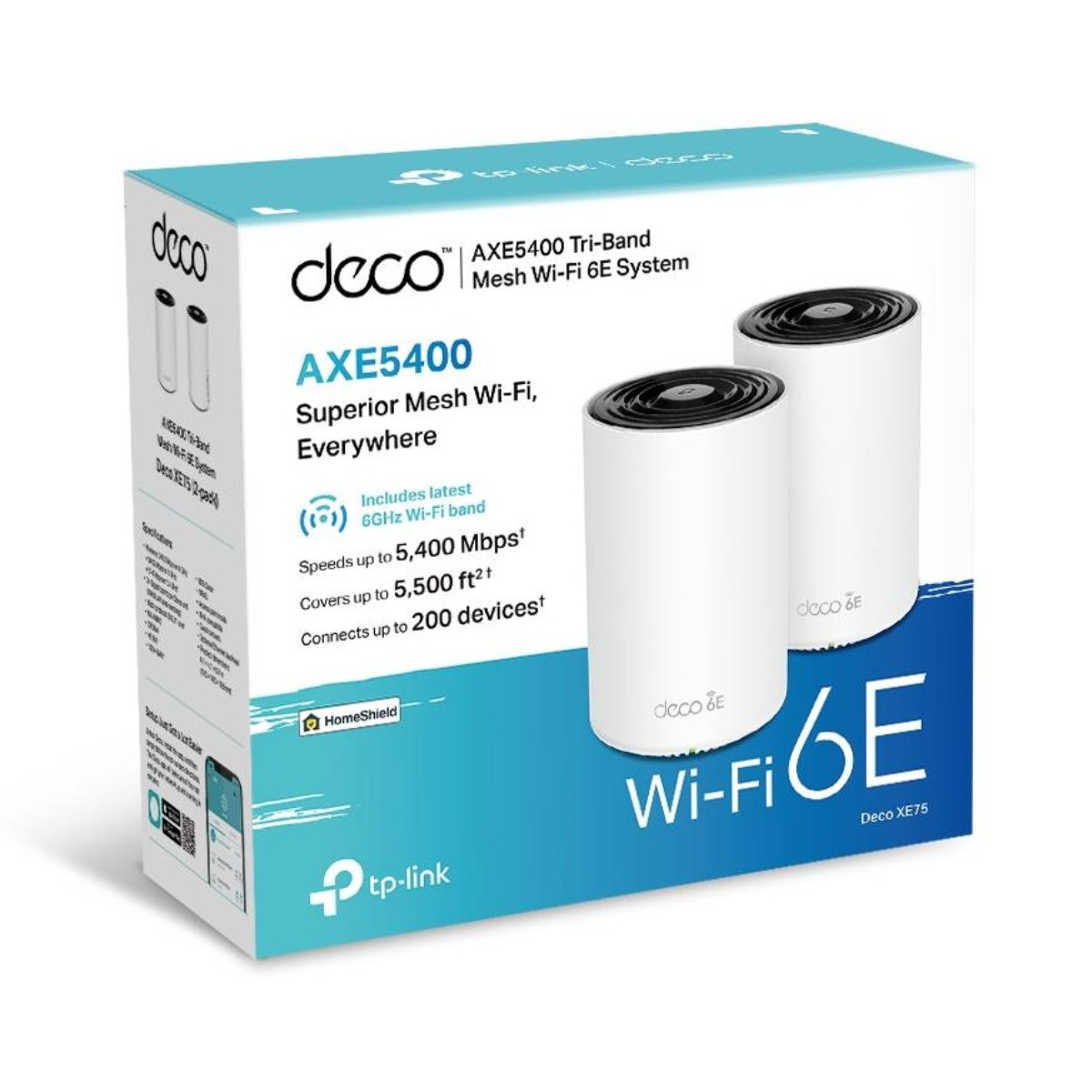 Een wit en blauw doos toont een Wi-Fi-systeem. Twee witte cilindervormige apparaten staan naast de doos, met het label Deco Wi-Fi 6E.