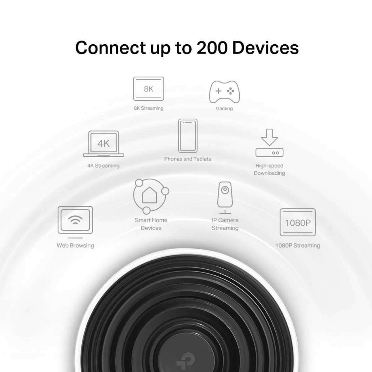 Afbeelding toont pictogrammen die verschillende toepassingen vertegenwoordigen, zoals streaming en gaming, met de tekst 'Verbind tot 200 apparaten'. Onderaan staat een router.