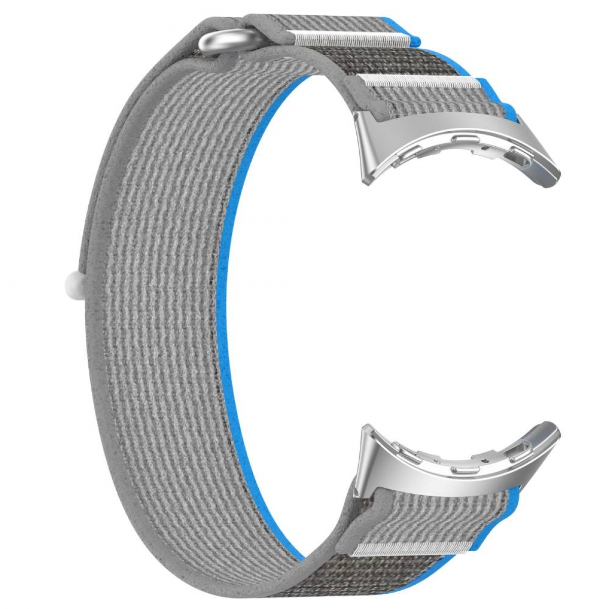 Ein graues Uhrenarmband mit blauem Futter und silbernen Metallschnallen. Das Armband ist gebogen und zeigt seine volle Form und Details.
