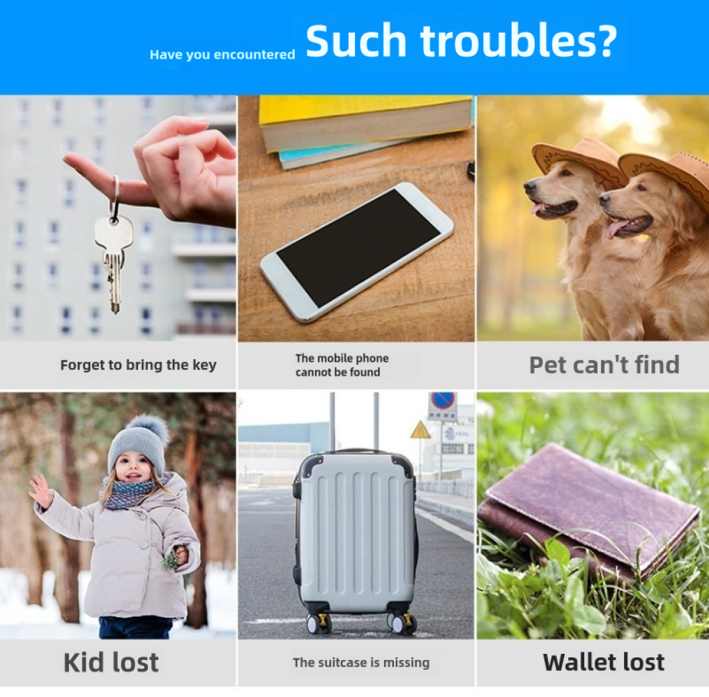 Bild mit sechs Panels, die Probleme zeigen: Schlüssel vergessen, Telefon verloren, Haustier, Kind, Koffer und Geldbörse.