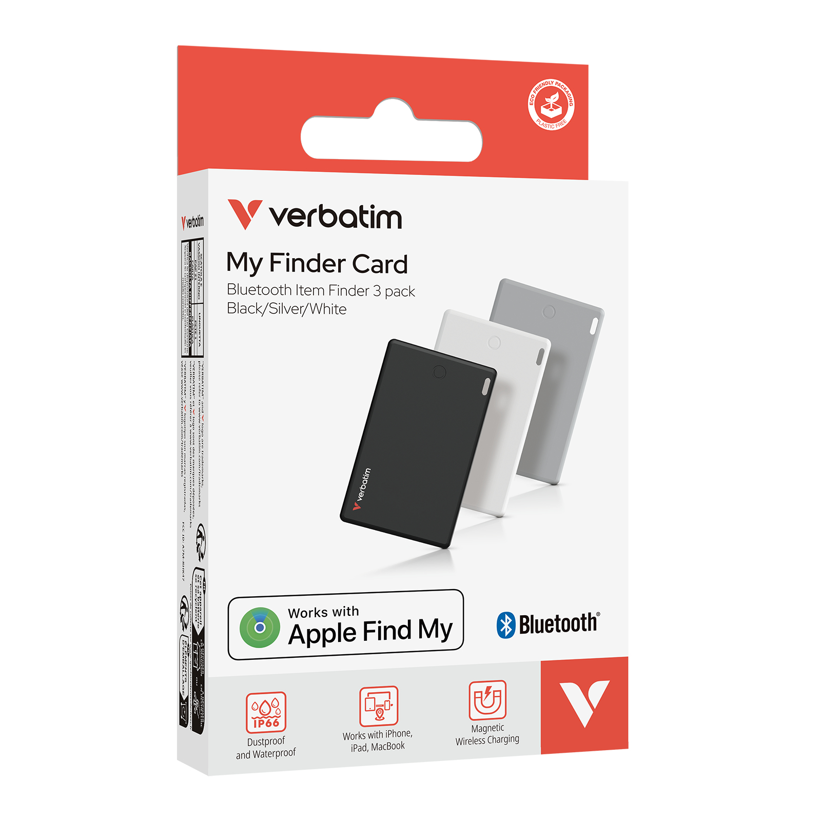 Confezione Verbatim My Finder Card. Mostra tre localizzatori Bluetooth: nero, bianco e grigio. La confezione ha una parte superiore rossa.