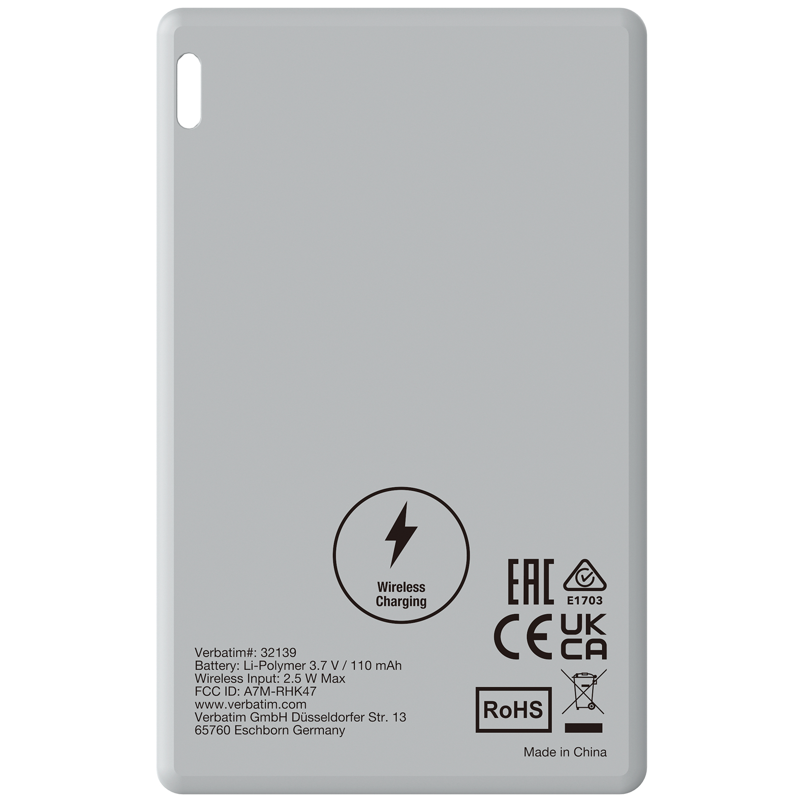 Un caricabatterie wireless grigio con testo e loghi. Include 'Wireless Charging', 'CE', 'RoHS' e 'Made in China'.
