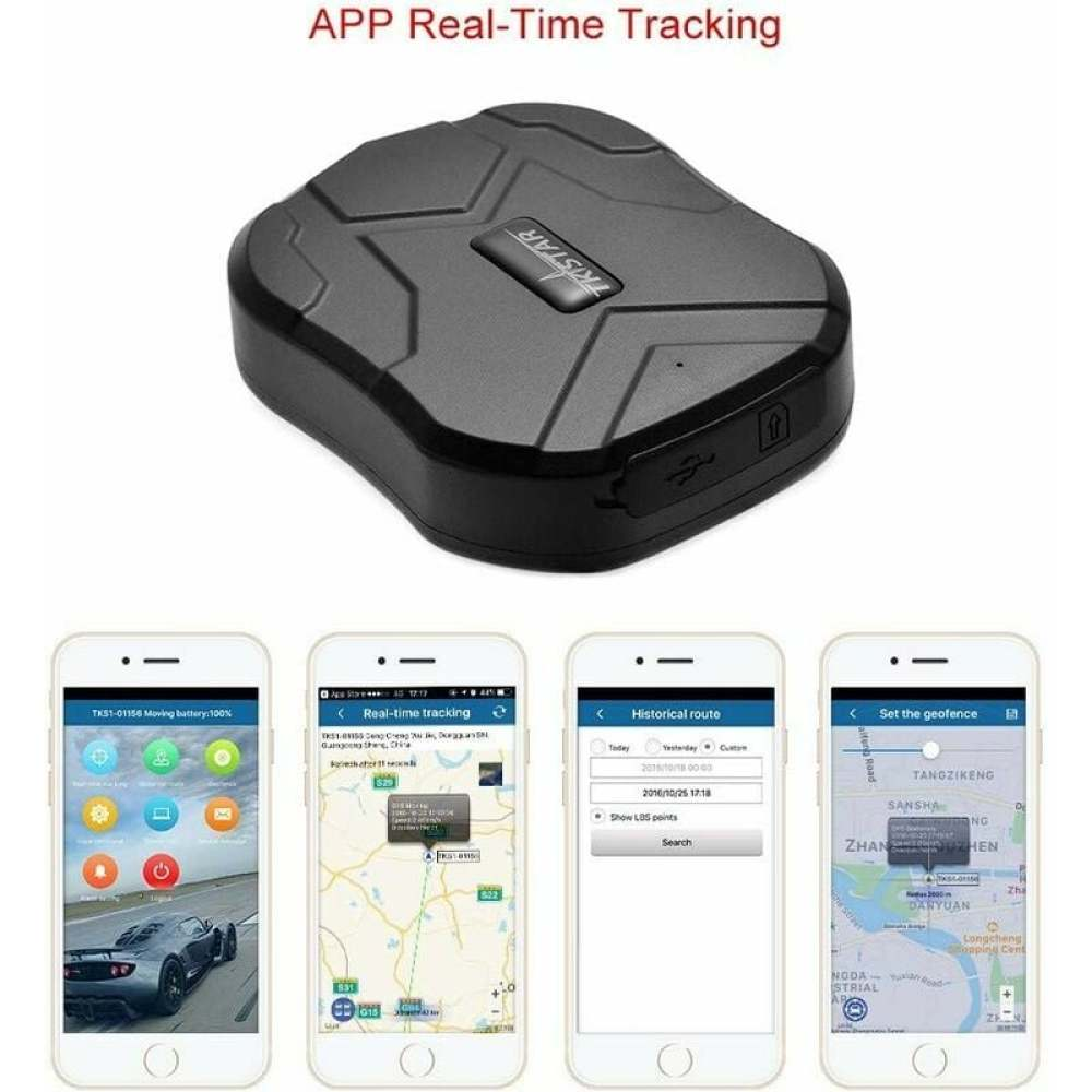 Schwarzer GPS-Tracker mit vier Telefonbildschirmen, die Tracking-Apps anzeigen. Der obere Text lautet 'APP Real-Time Tracking'.