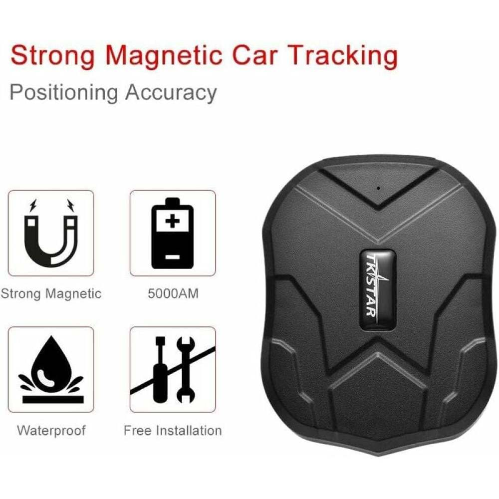 Schwarzes Auto-Ortungsgerät mit Tristar-Logo, Symbolen für Magnet, Batterie, Wasserdichtigkeit und Installation. Roter Text: Starke magnetische Autoortung.