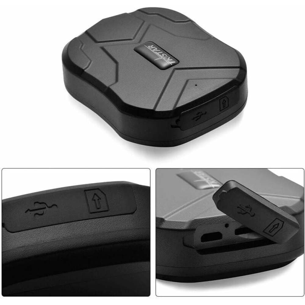 Schwarzer GPS-Tracker mit der Marke 'TKSTAR'. Er hat einen USB-Anschluss und einen Power-Button. Details des Geräts sind in Nahaufnahmen zu sehen.