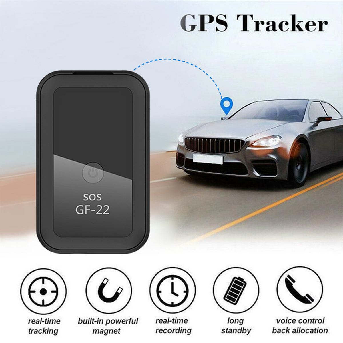 Schwarzer GPS-Tracker mit Auto im Hintergrund. Funktionen umfassen Echtzeit-Tracking, einen leistungsstarken Magneten und Sprachsteuerung.