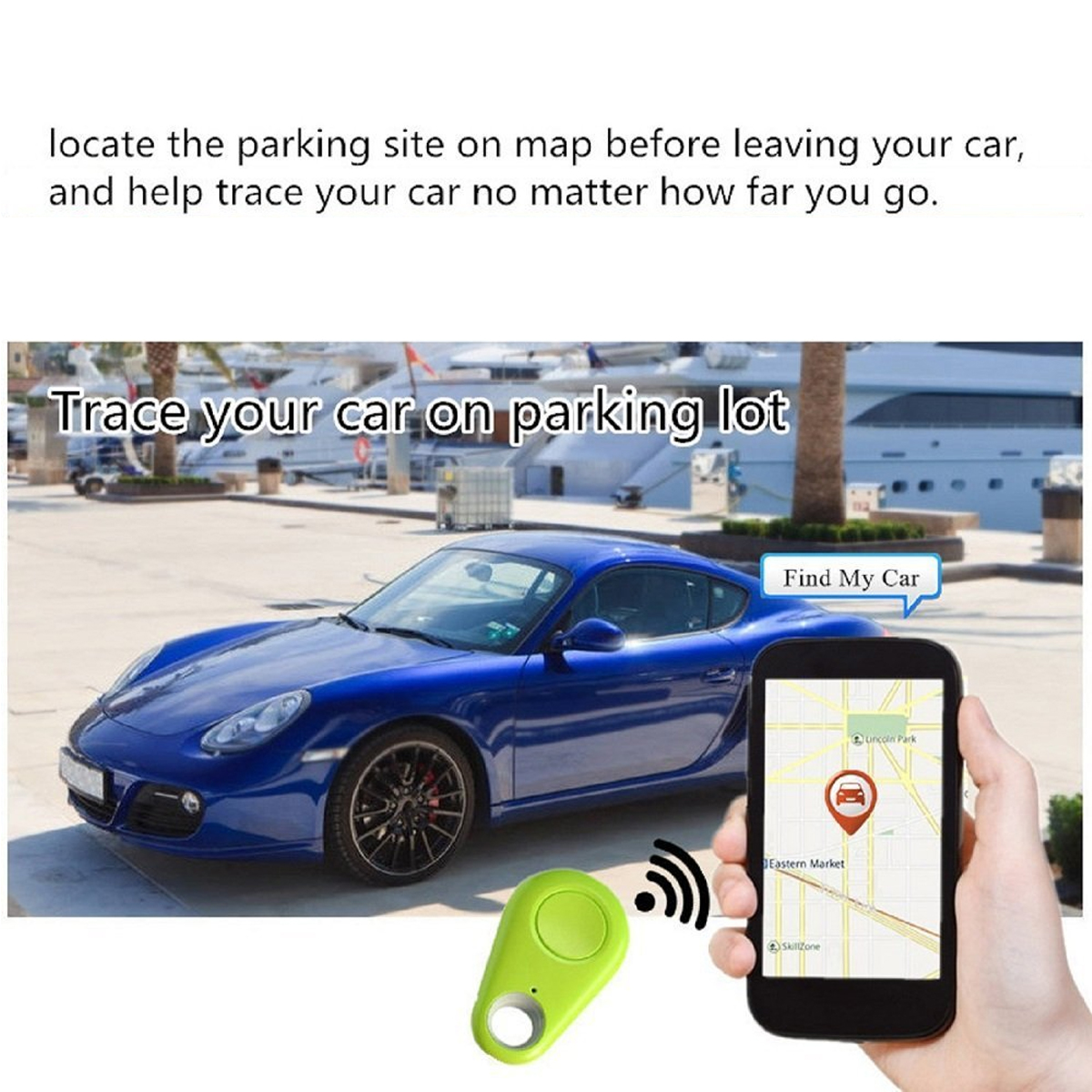 Blaues Auto auf einem Parkplatz. Ein Telefon zeigt eine Karte mit dem Standort des Autos. Ein grünes Ortungsgerät ist ebenfalls sichtbar.