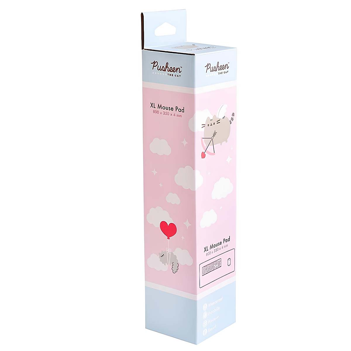 Scatola per tappetino per mouse Pusheen XL. Rosa con nuvole, stelle e illustrazioni di gatti. Testo: Tappetino per mouse XL. Dimensioni: 800 x 350 x 4 mm.