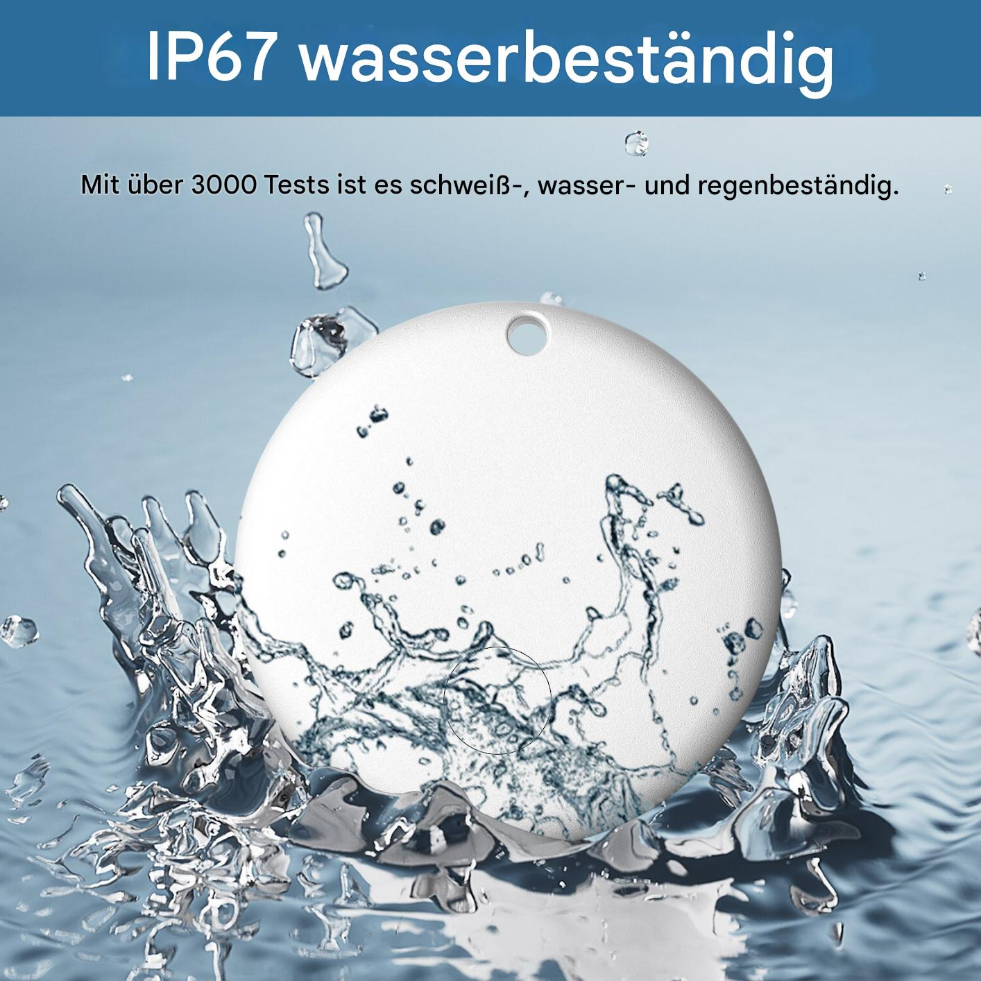 Weißes, rundes Objekt, das mit Wasser bespritzt wird. Der Text oben lautet IP67 wasserdicht. Darunter steht, dass es schweiß-, wasser- und regenbeständig ist.