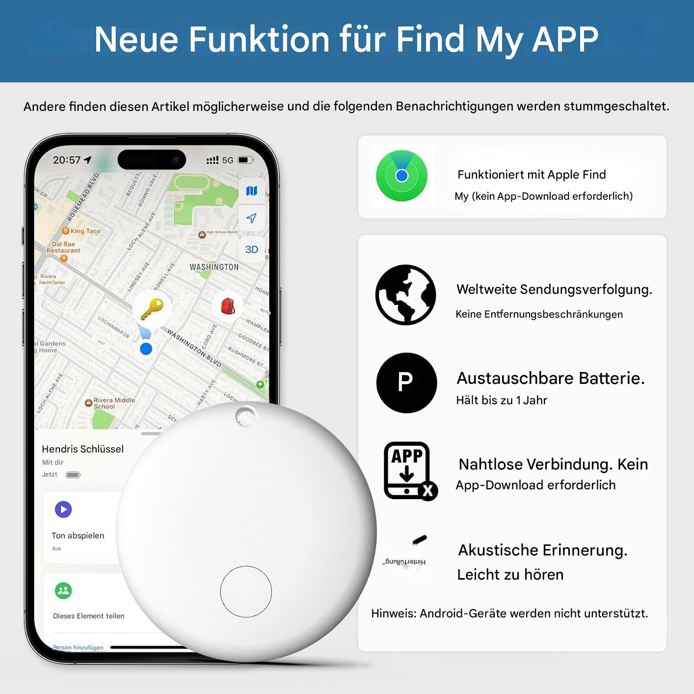 Weißes rundes Gerät mit Karte auf einem Telefonbildschirm. Text beschreibt Funktionen wie Akkulaufzeit und App-Verbindung.