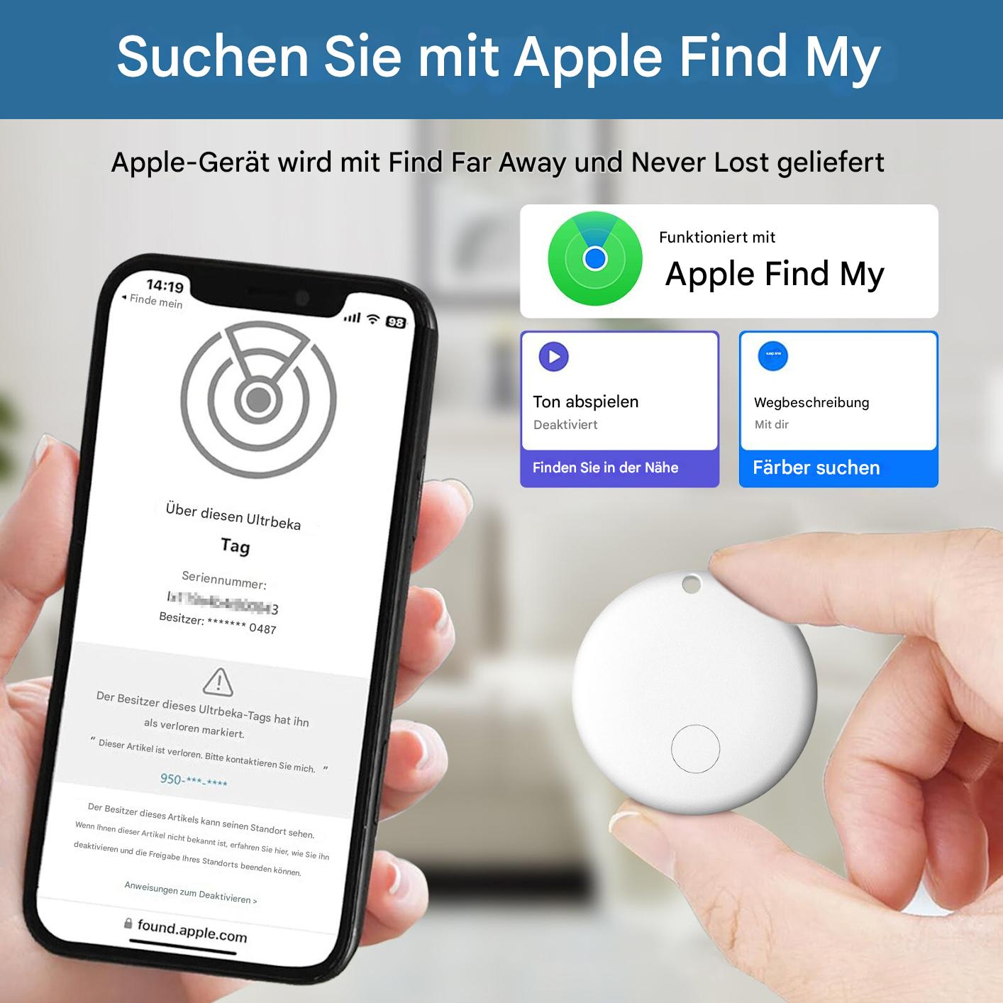 Eine Hand hält ein weißes Apple AirTag und ein Telefon mit der Find My App-Oberfläche. Text auf Deutsch: 'Suchen mit Apple Find My'.