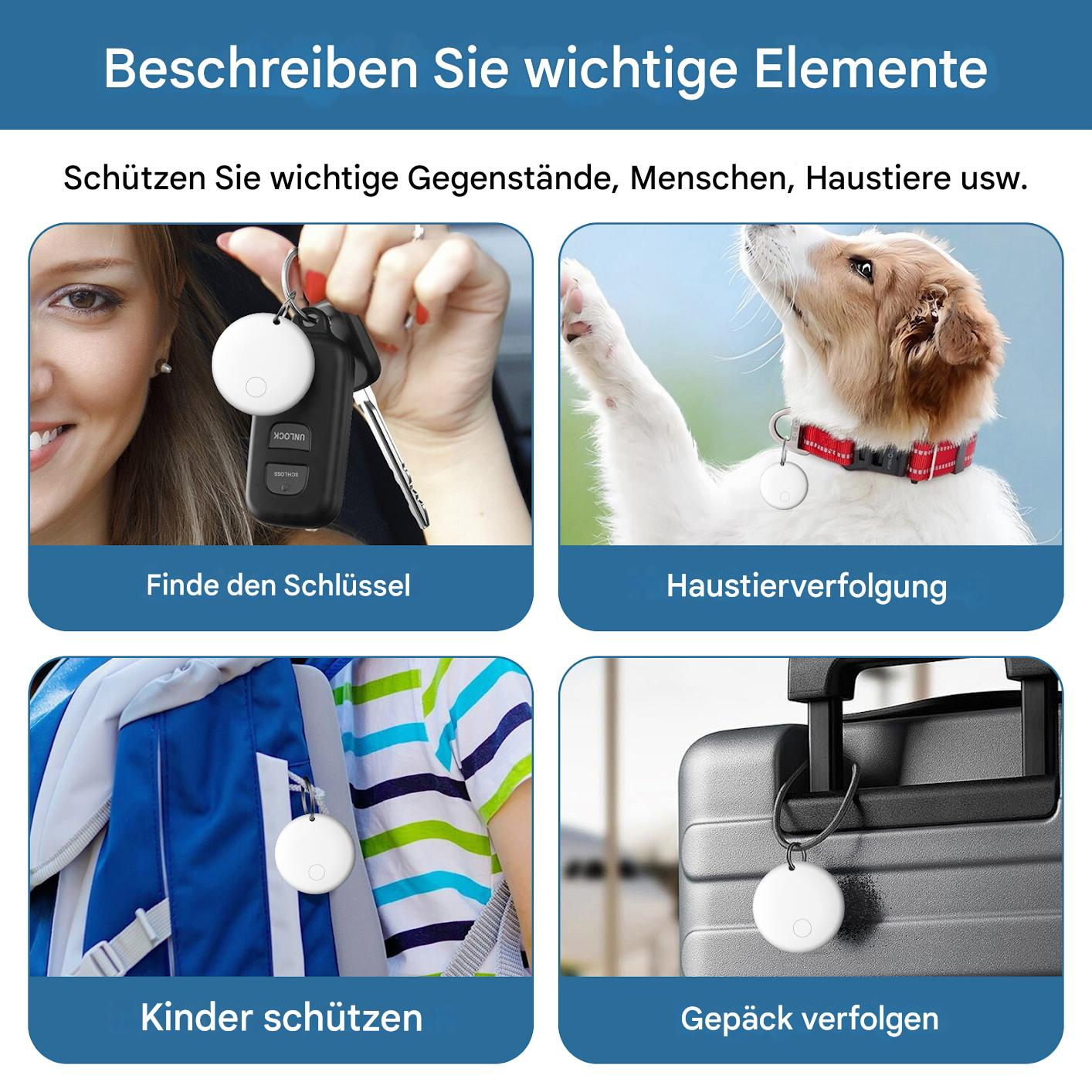 Das Bild zeigt Schlüssel, Hund, Rucksack und Koffer mit Ortungsgeräten. Text-Overlays: Schlüssel finden, Haustierortung, Kinder schützen, Gepäck verfolgen.