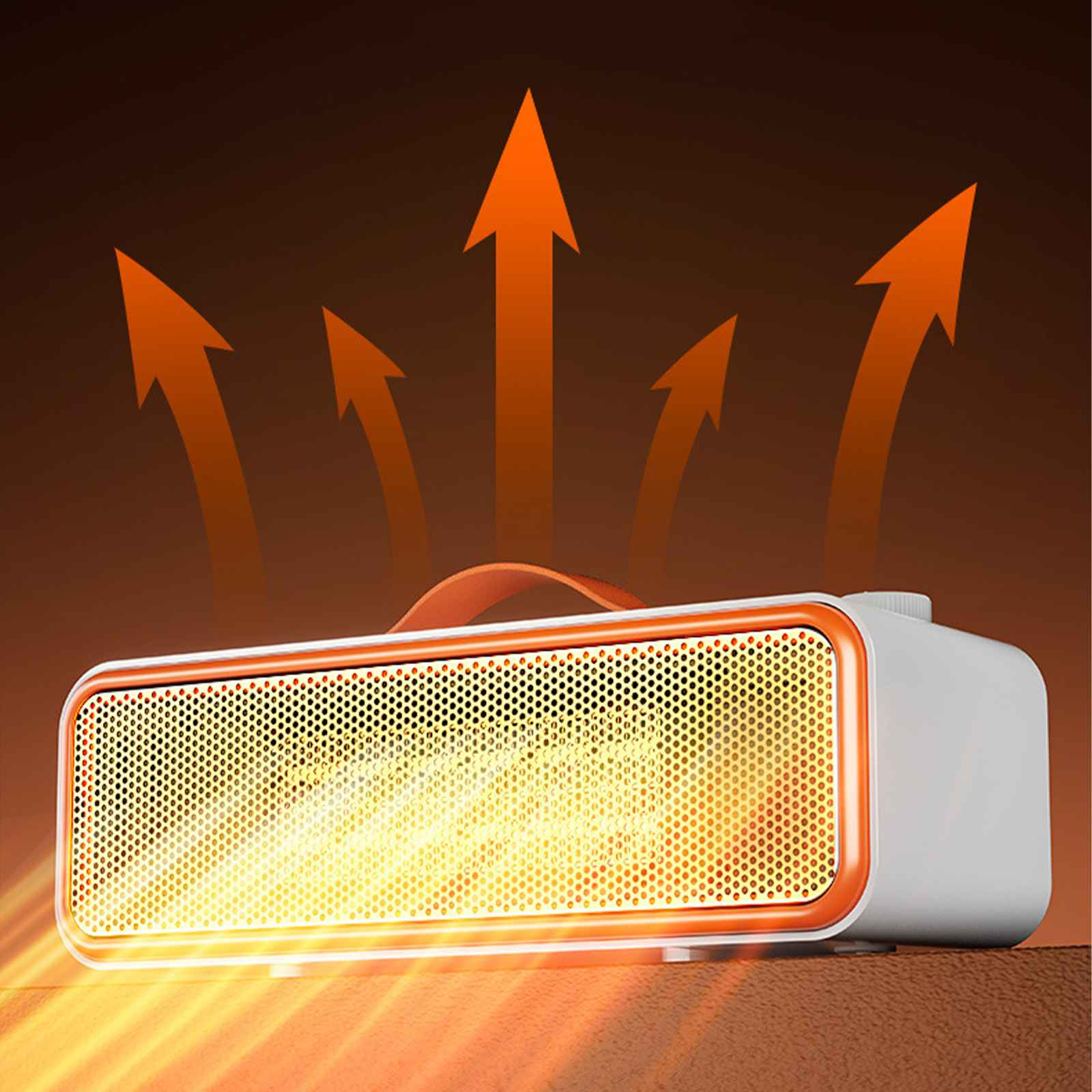 Ein weiß-orangener Elektroheizer mit aufsteigenden orangen Pfeilen. Der Heizer hat einen Griff und eine perforierte Front.