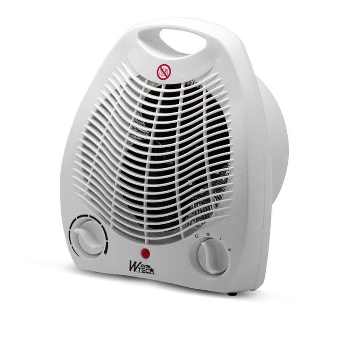 Un termoventilatore elettrico bianco con ventola. Ha una maniglia, manopole di controllo e un indicatore di alimentazione rosso. Il marchio 'Warm Tec' è visibile.