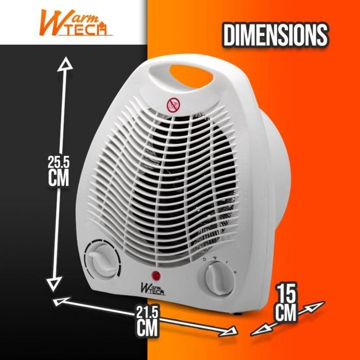 Stufa elettrica bianca con dimensioni. Ha una maniglia e due manopole. Il marchio è Warm Tech.