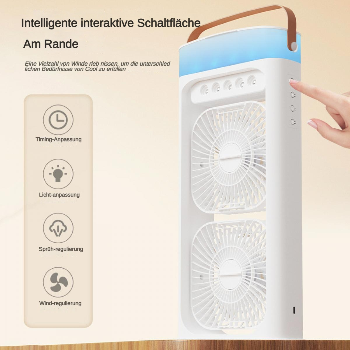 Ein weißer Luftkühler mit zwei Ventilatoren, einem braunen Griff und einer Hand, die die Knöpfe berührt. Symbole für Timing, Licht, Spray und Wind.