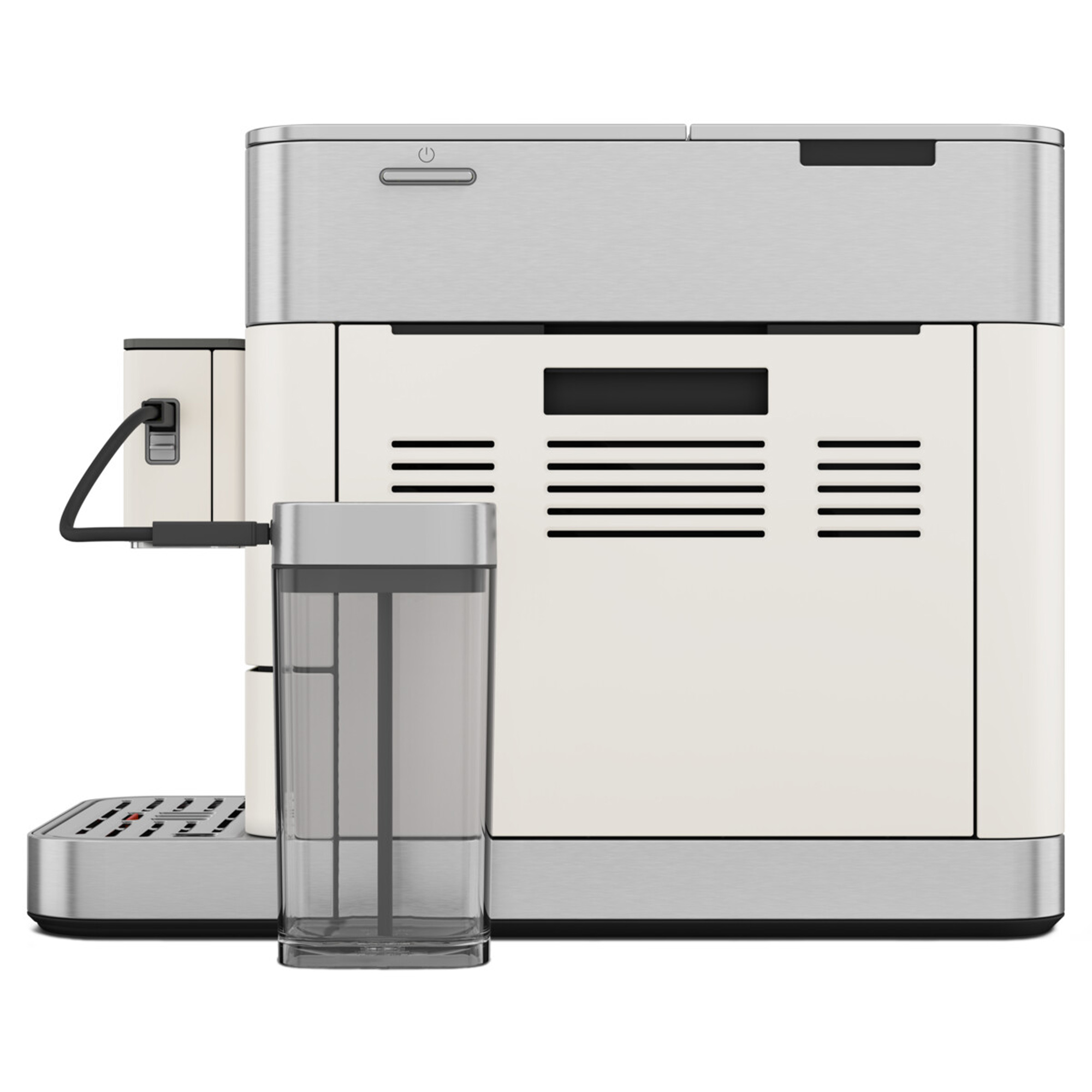 Eine cremefarbene und stählerne Kaffeemaschine. Sie hat einen Wasserbehälter, einen Einschaltknopf und eine Entlüftung. Das Netzkabel ist schwarz.
