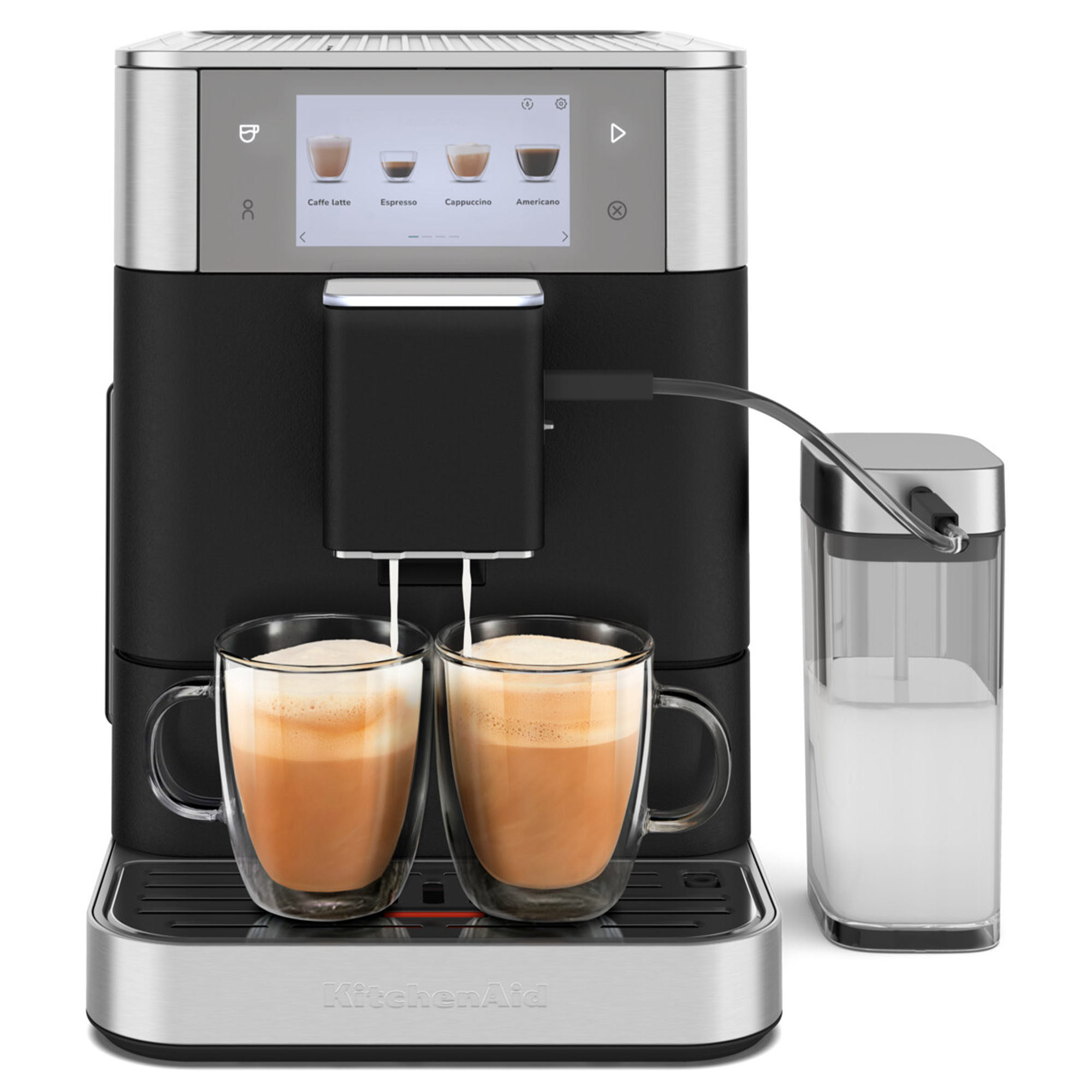 Een zwart-zilveren koffiemachine met twee glazen mokken koffie. Een melkcontainer staat aan de zijkant. Een scherm toont koffie-opties.