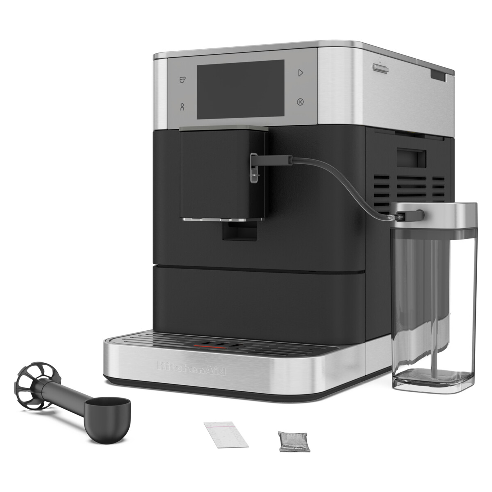 Eine KitchenAid-Espressomaschine. Sie hat ein schwarz-silbernes Design mit Wasserbehälter und Zubehör, einschließlich eines Messlöffels.