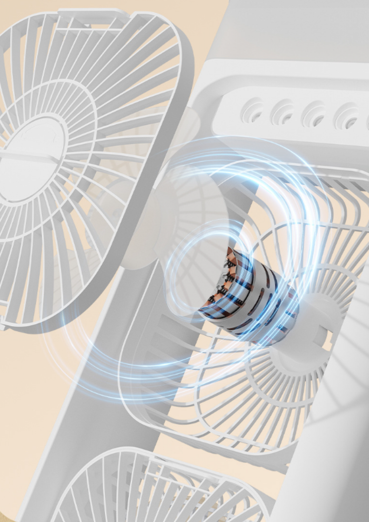 Detaillierte Ansicht eines weißen Ventilators mit Flügeln. Der Motor ist mit blauen Energiepfaden sichtbar, die Bewegung und Kühlung vermitteln.