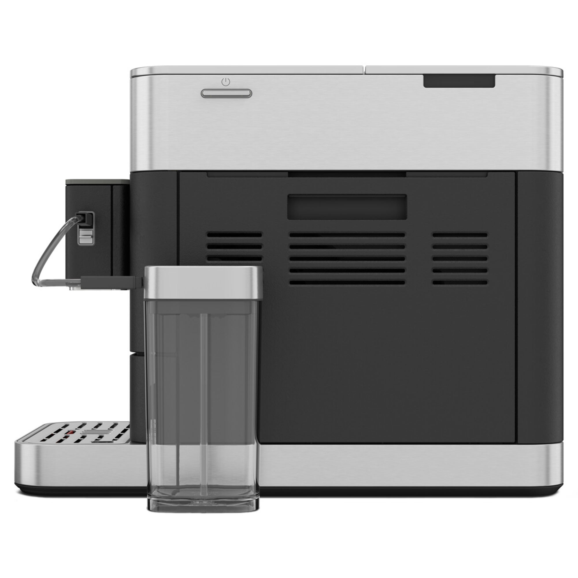 Een zilverzwarte koffiemachine met een watercontainer aan de voorkant en een aan/uit-knop aan de bovenkant.