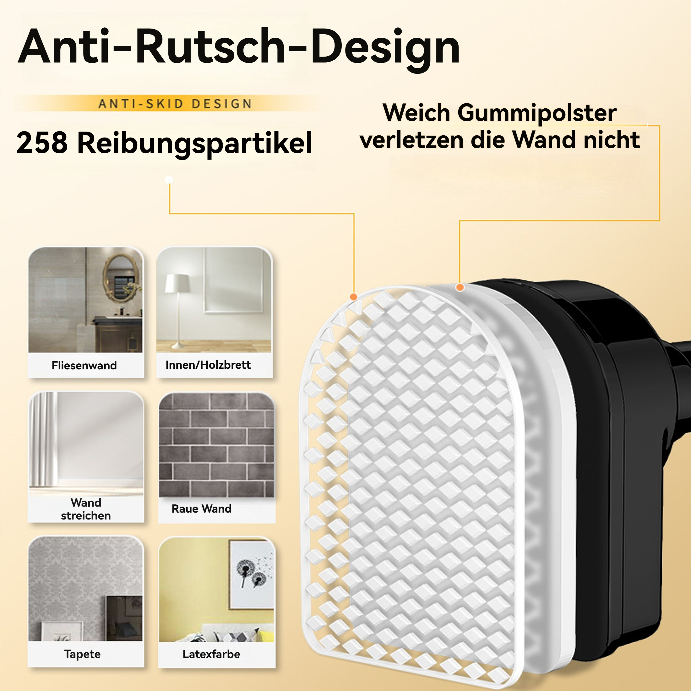 Werbung zeigt Anti-Rutsch-Design. Details umfassen Text, Grafiken und einen Querschnitt eines Produkts mit Wandoberflächenbeispielen.