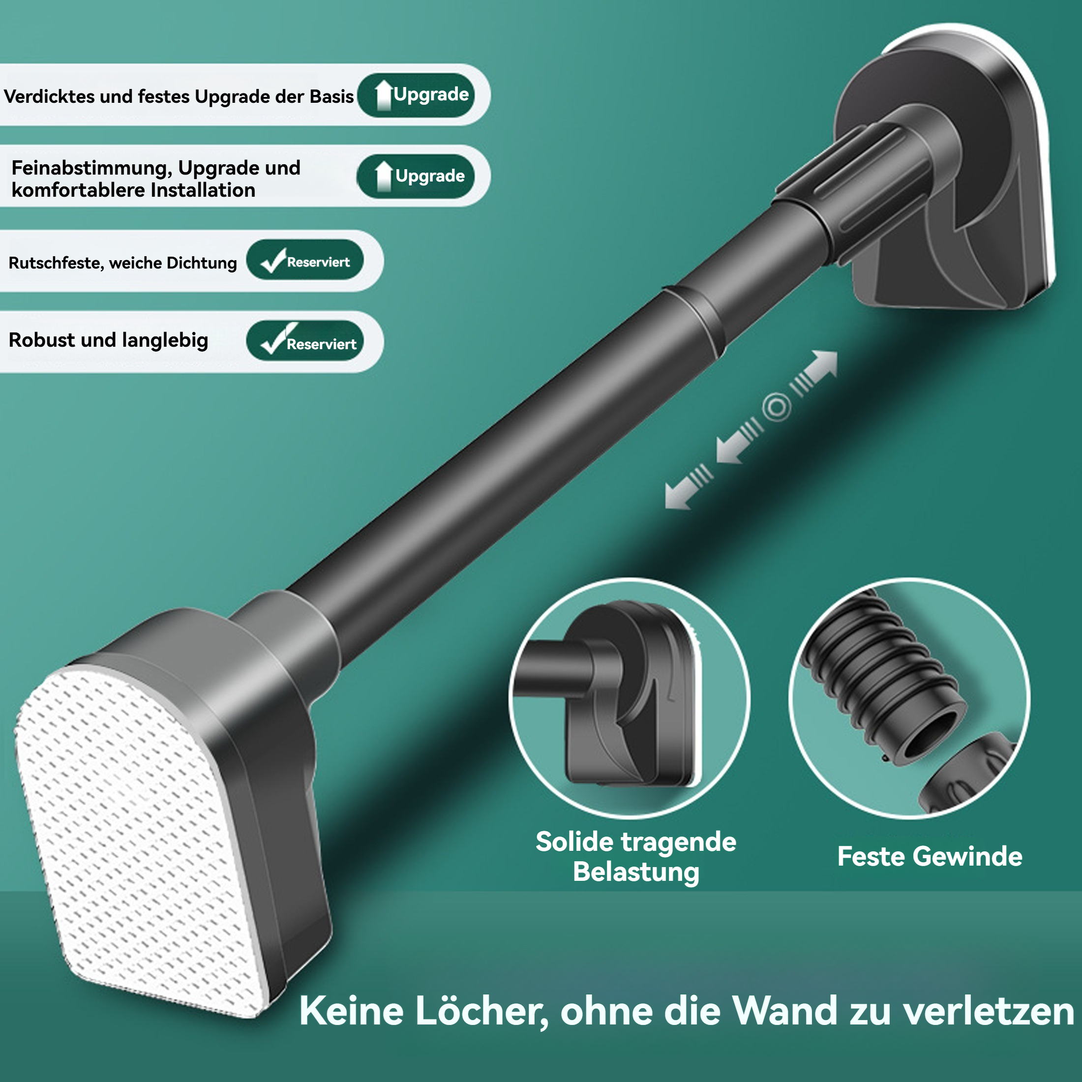 Eine schwarze Spannstange zur Verwendung an Wänden, mit weißen Pads und schwarzen Details. Zeigt Upgrade, feste Gewinde und solide Belastung.