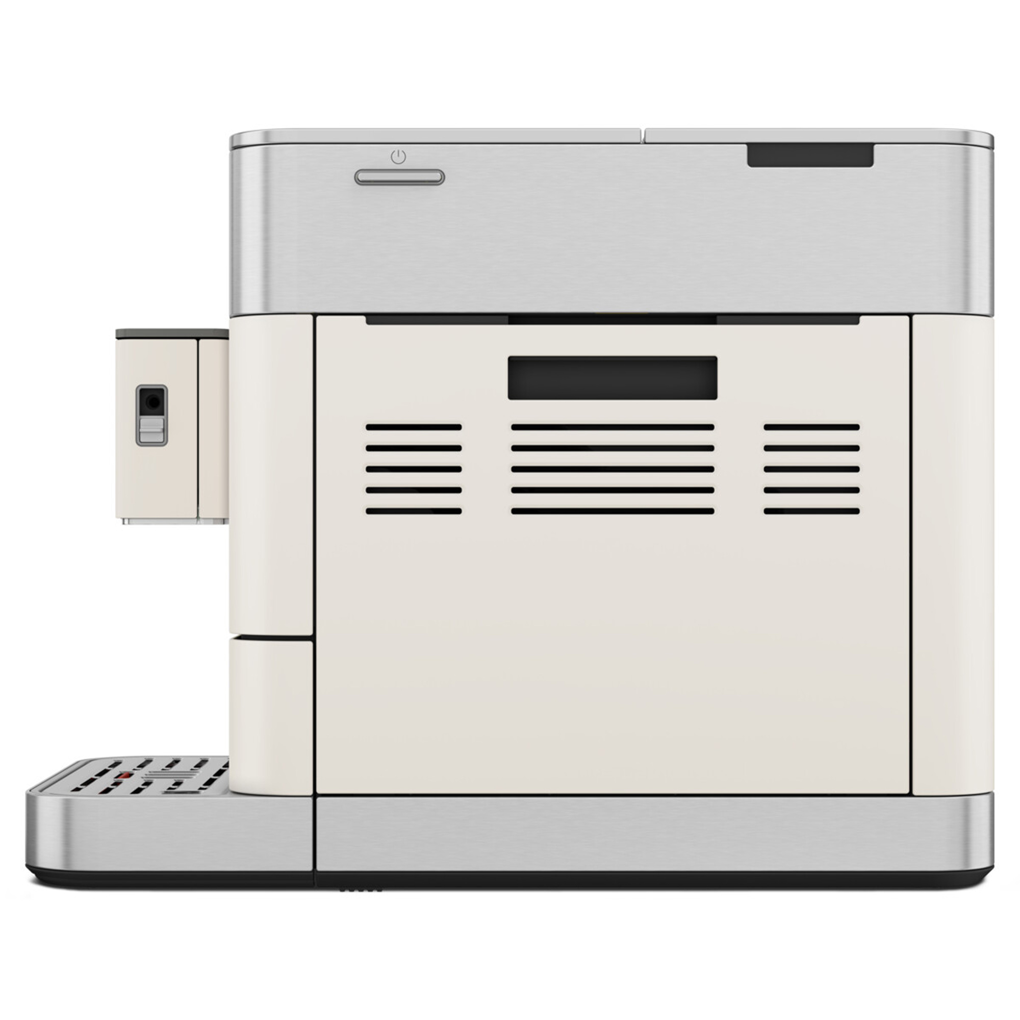 Eine cremefarbene und silberne Kaffeemaschine. Sie hat einen Ein- und Ausschalter und eine Tropfschale. Das Design ist modern und elegant.