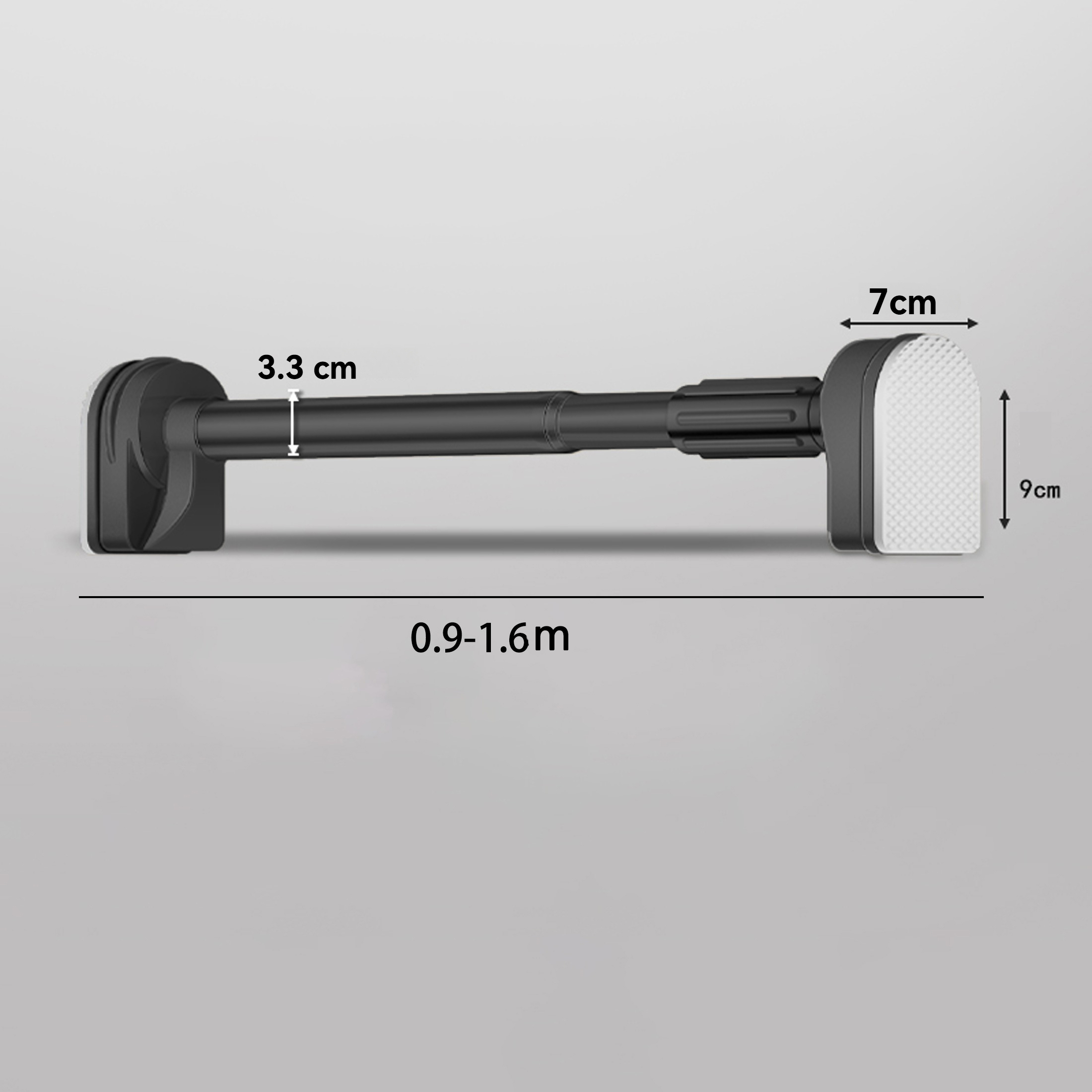 Schwarze, verstellbare Stange mit weißen Pads. Maße: 3,3 cm, 7 cm, 9 cm und 0,9-1,6 m. Grauer Hintergrund.