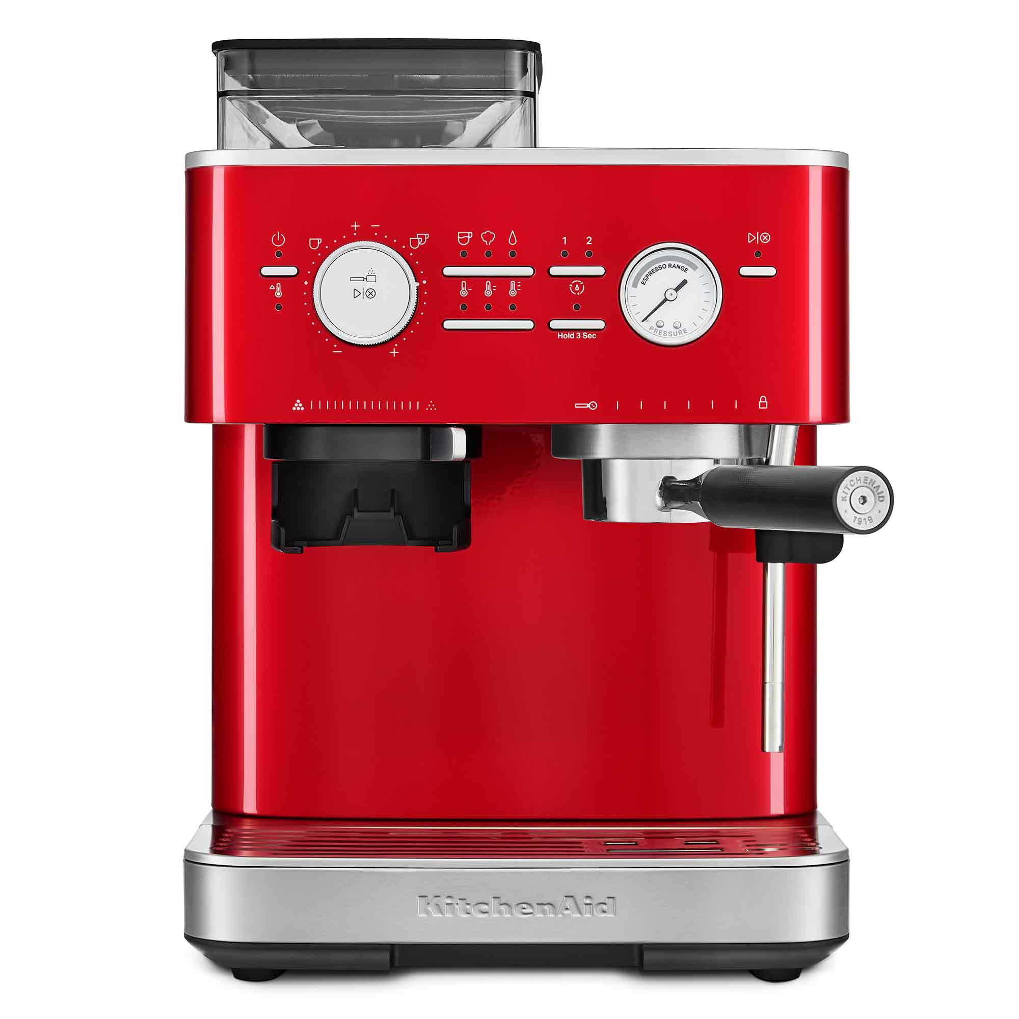Rote KitchenAid Espressomaschine mit Mahlwerk, Knöpfen und Manometer. Mit schwarzem Griff und KitchenAid-Logo.