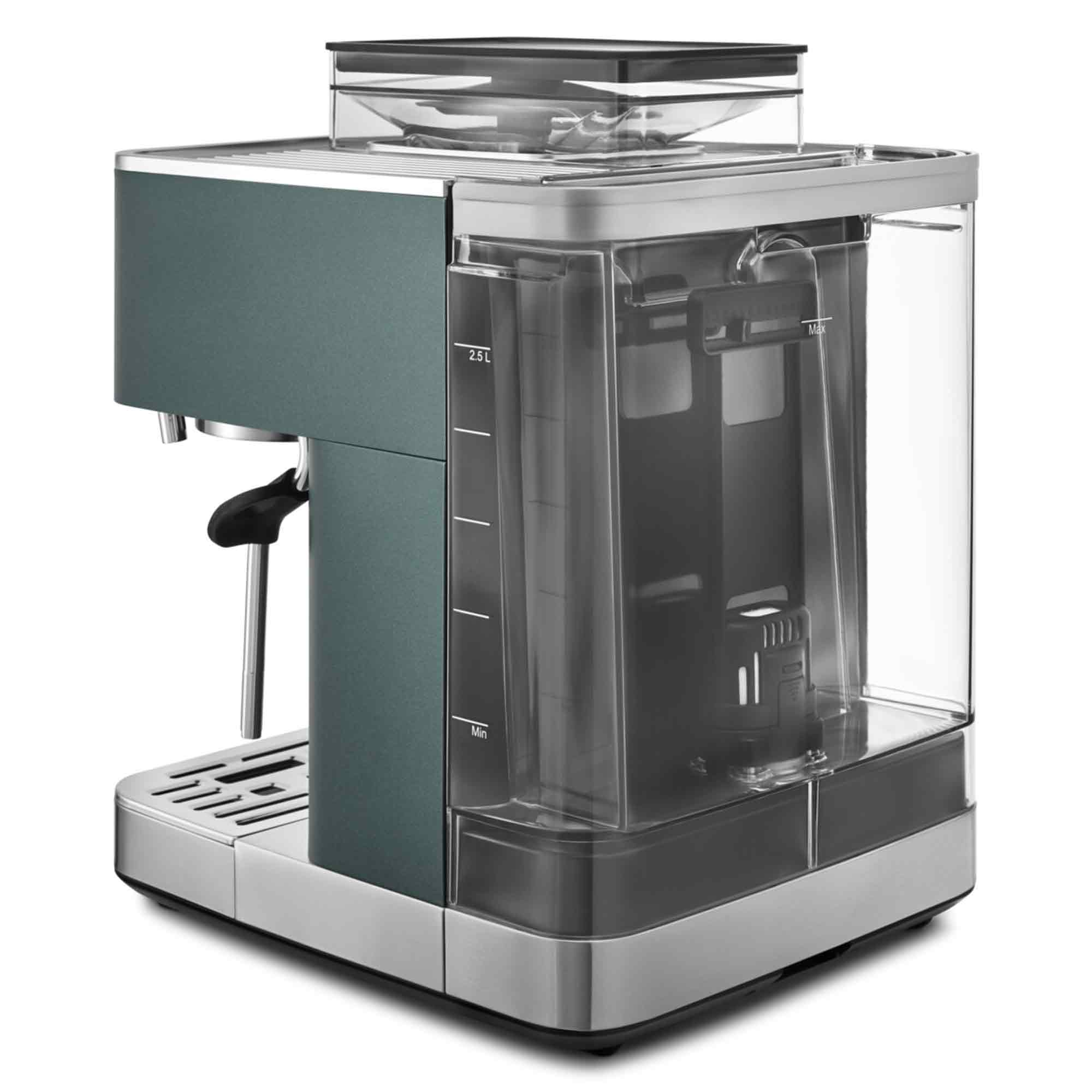 Espressomaschine. Grün und Silber. Wassertank und Kaffeesatzbehälter. Schwarzer Griff und Ausguss. Weißer Hintergrund.