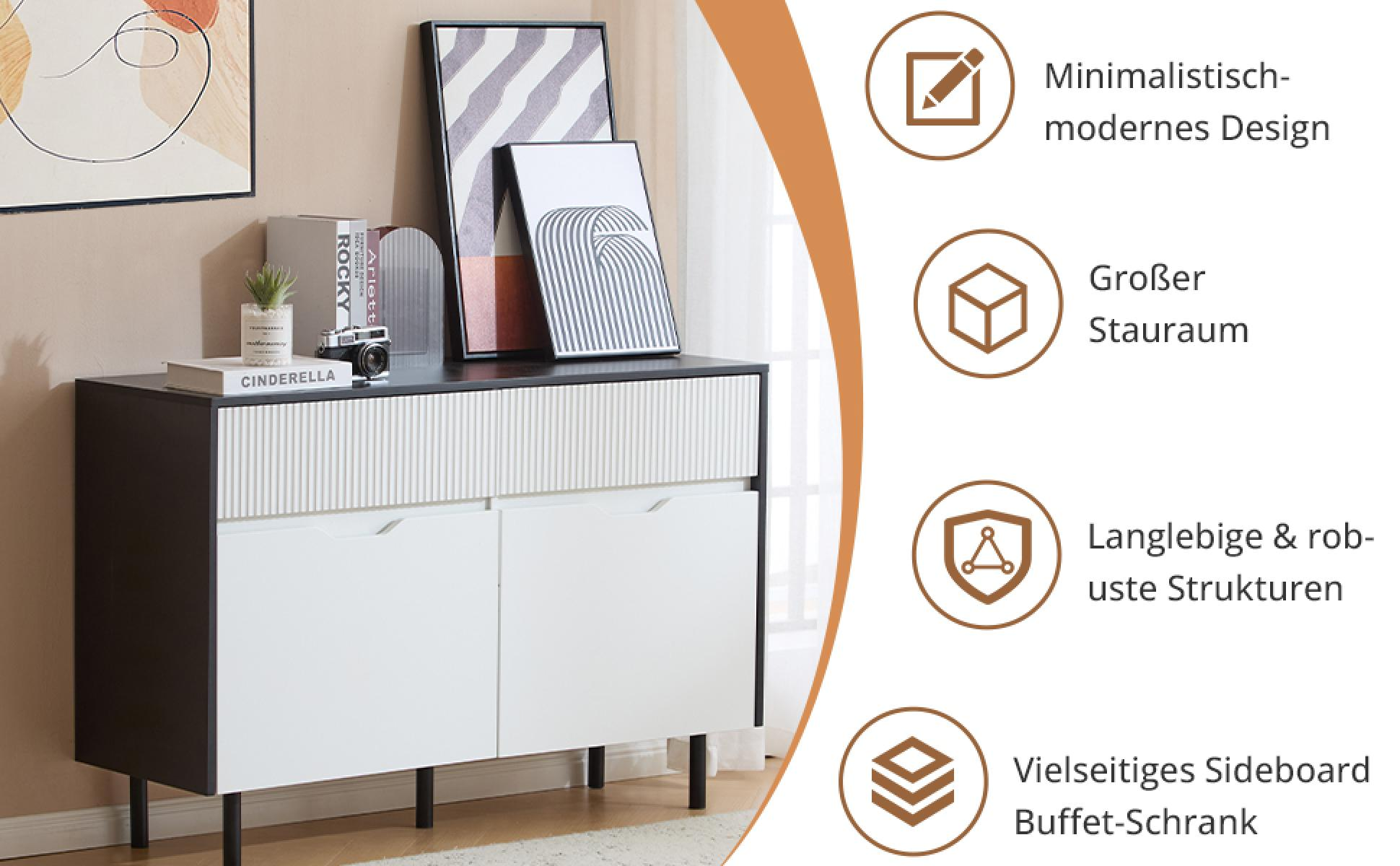 Ein modernes weißes und schwarzes Sideboard mit Kunstwerken und Dekoration oben. Zu den Merkmalen gehören zwei Türen und eine strukturierte Frontplatte.