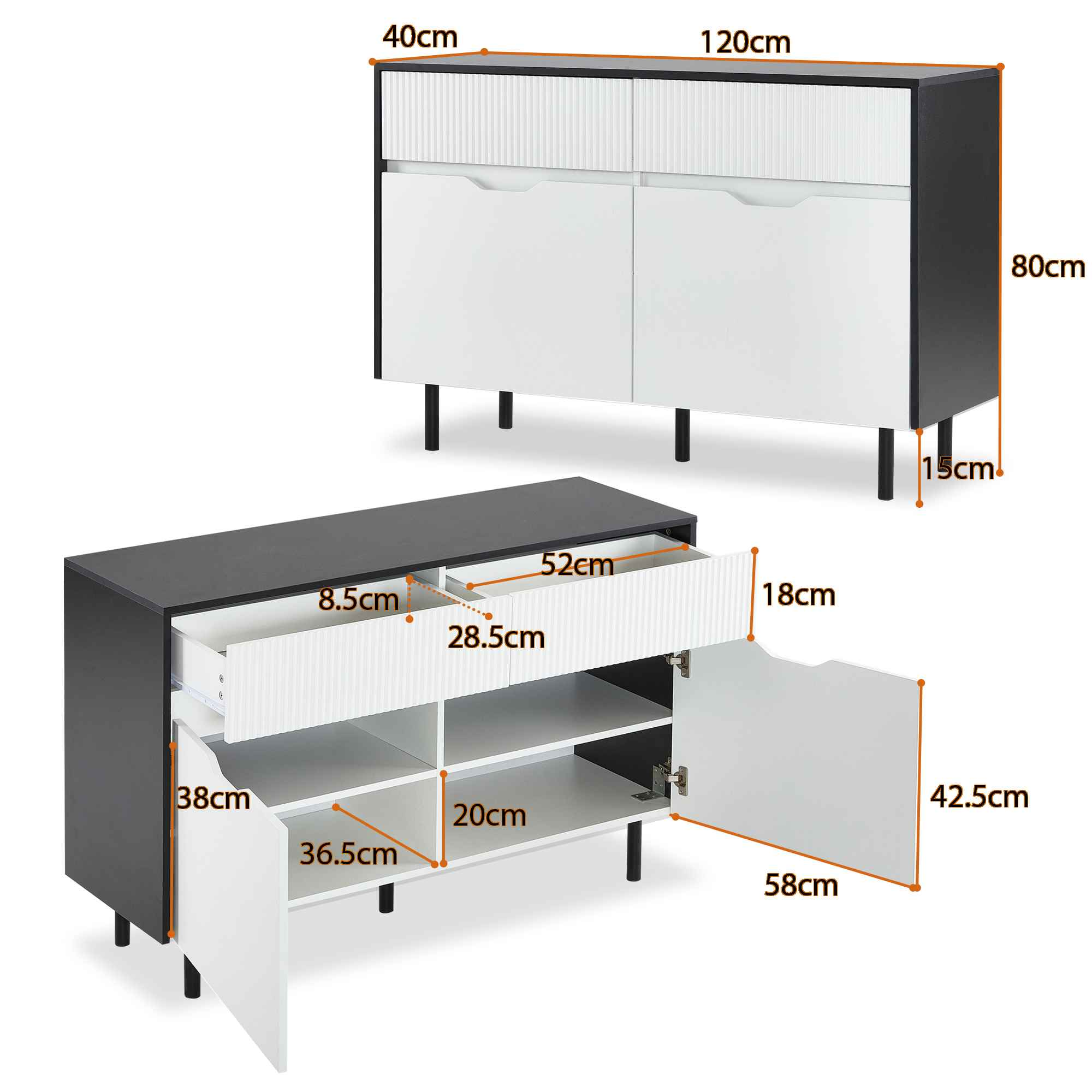 Ein weiß-schwarzer Schrank mit beschrifteten Maßen. Die Oberseite hat Türen, die Unterseite eine Schublade und eine offene Tür.
