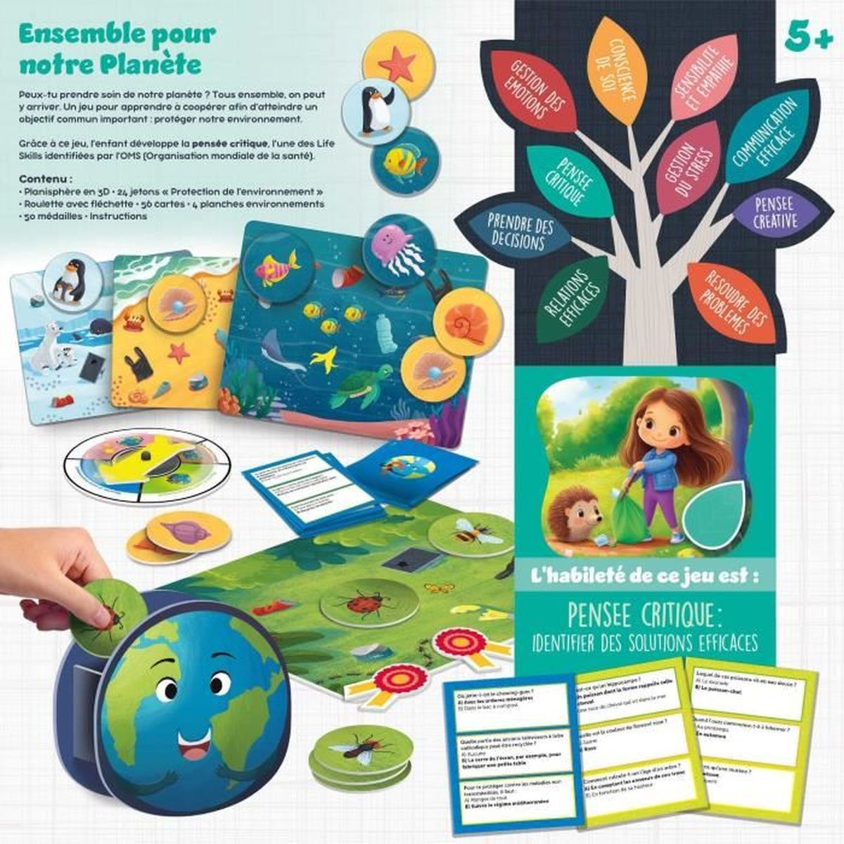 Gioco educativo con Terra, carte e illustrazioni di vita marina e un albero di abilità. Il gioco promuove il pensiero critico.
