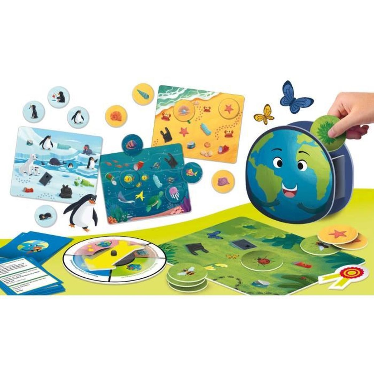 Un gioco con una Terra sorridente, puzzle ambientali e gettoni. Una mano posiziona un gettone. Include pinguini, pesci e insetti.