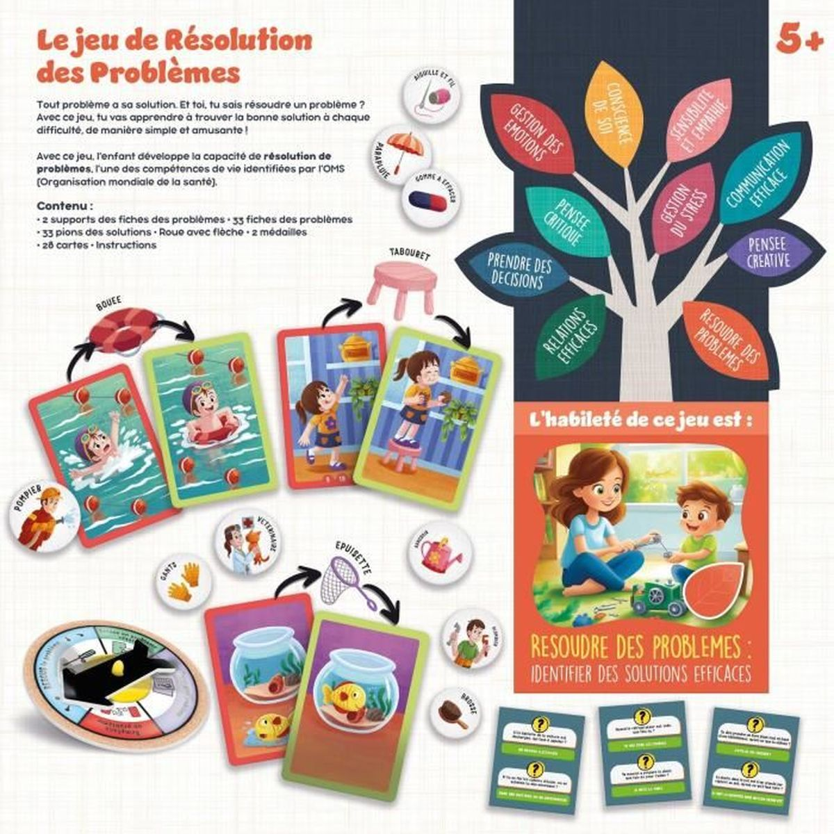 Scatola del gioco. Ha carte, disegni e testo in francese. Il tema è la risoluzione dei problemi per bambini. Ci sono varie illustrazioni.