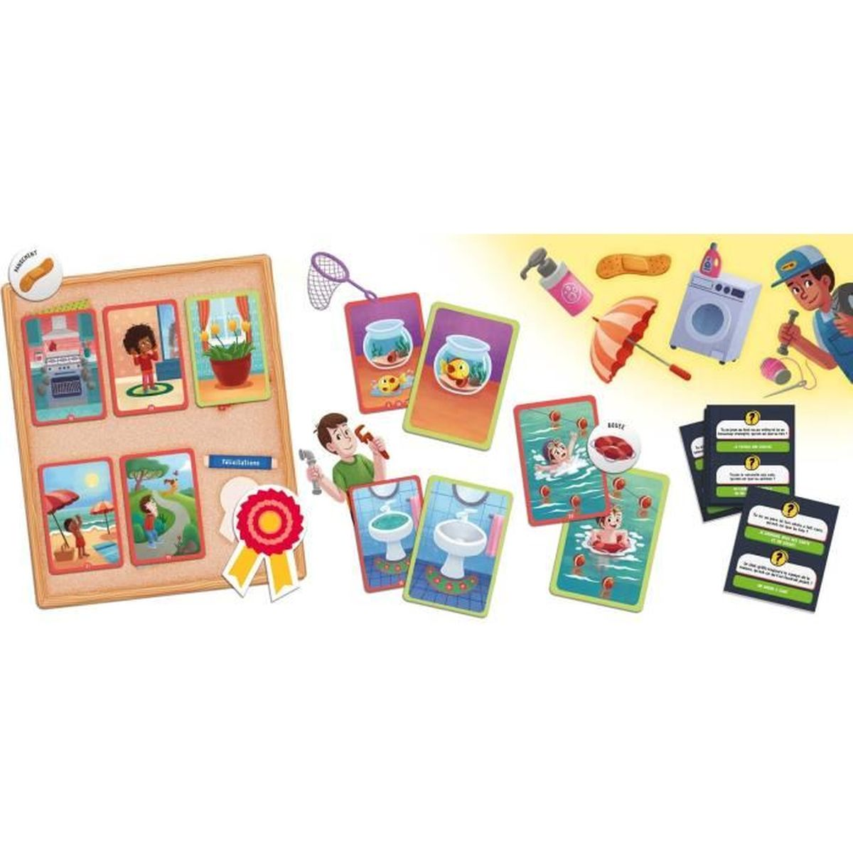 Un tabellone con carte che mostrano varie scene. Le carte raffigurano una cucina, un bambino, fiori, spiaggia, sentiero, bocce per pesci, lavandino, nuoto.