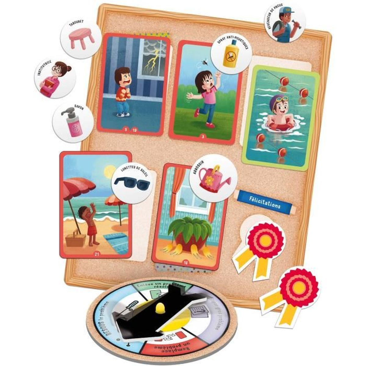 Un tabellone con carte raffiguranti varie scene: una spiaggia, una piscina e oggetti per la casa. Sono inclusi anche badge e una ruota.