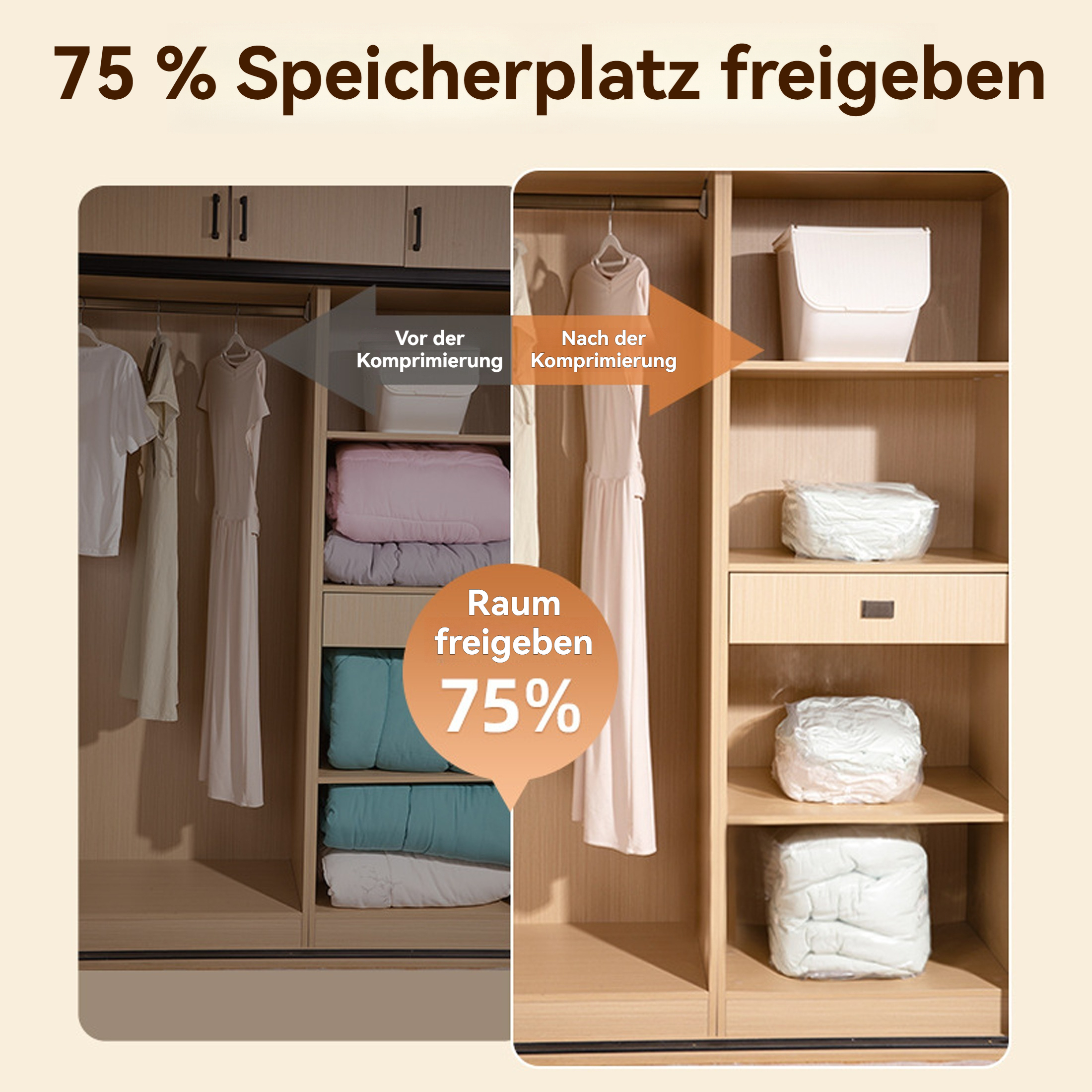 Schrankillustration zeigt Vorher- und Nachher-Kompression. Kleidung, Decken und eine Tonne sind sichtbar. Die Nachher-Seite zeigt mehr Platz.