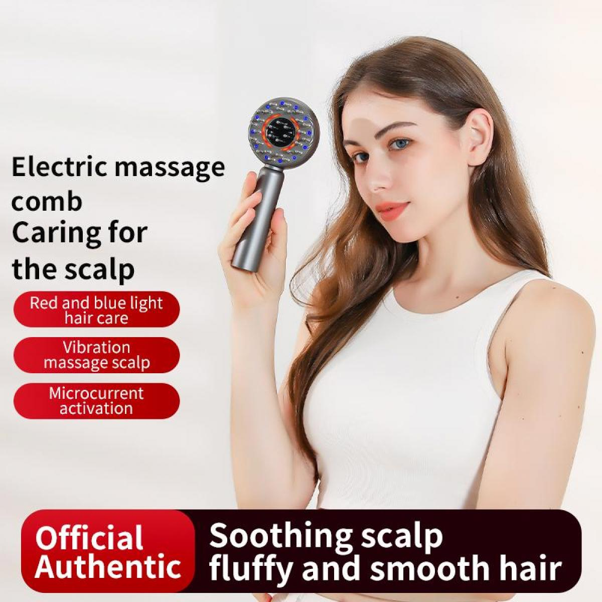 Eine Frau hält ein Kopfhautmassagegerät. Text-Overlay: Elektrischer Massagekamm, Pflege für die Kopfhaut. Merkmale: rot/blaues Licht, Vibration, Mikroströme.