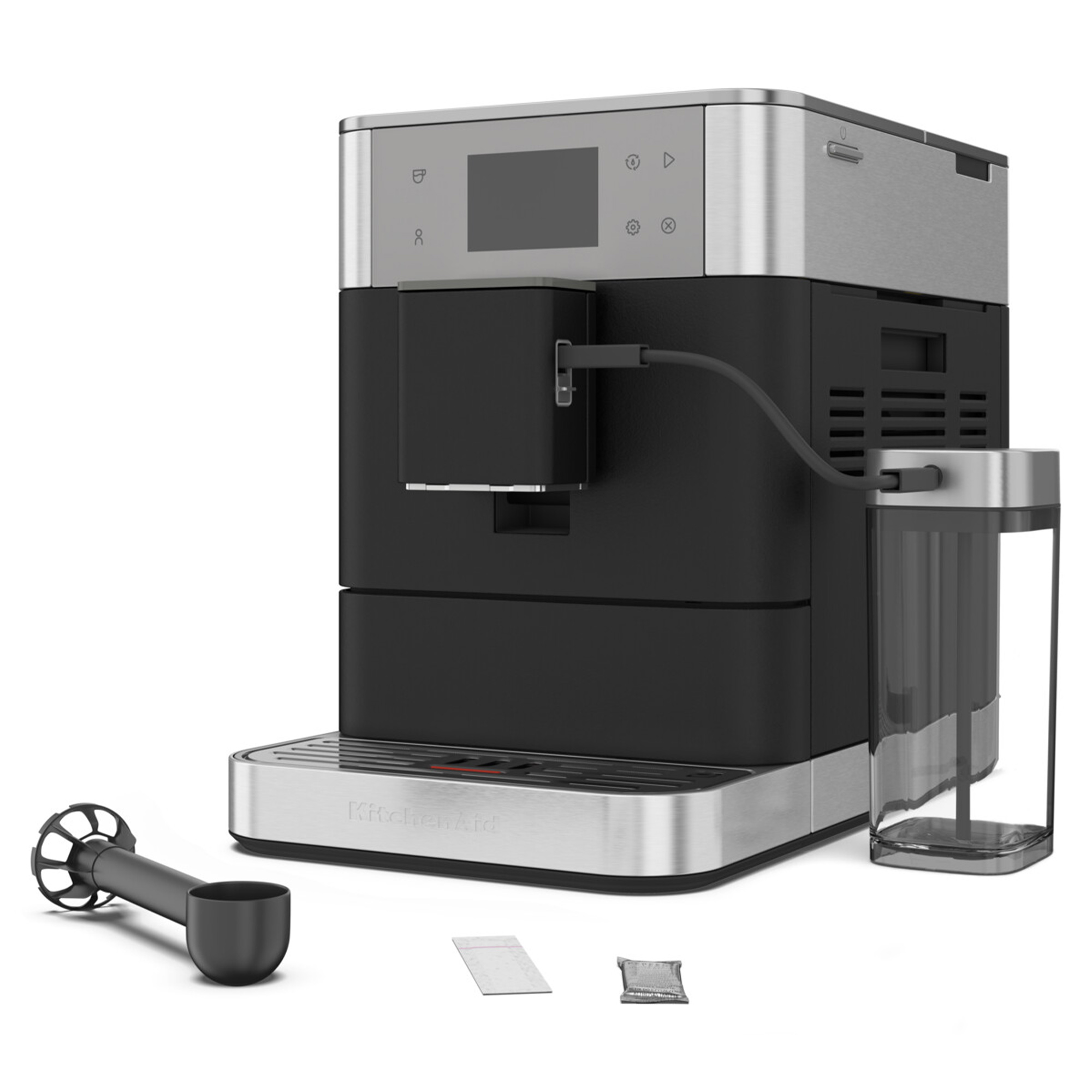 Siyah ve gümüş renkli KitchenAid kahve makinesi ve aksesuarları. Kepçe, su tankı ve paketler içerir.