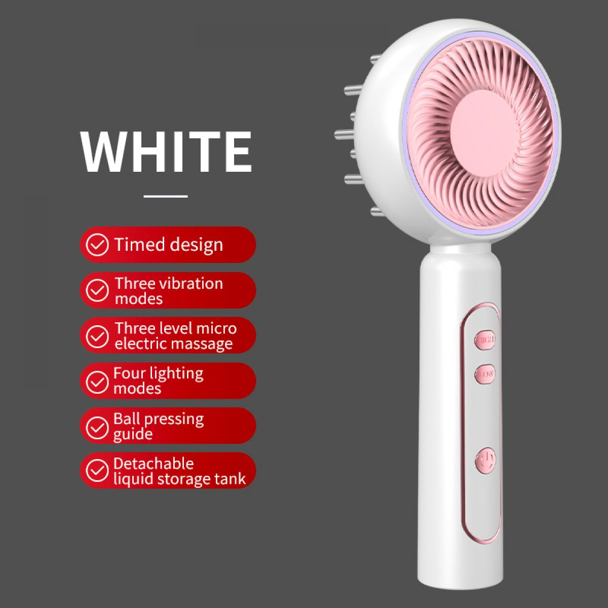 Ein weißes und rosa Kopfmassagegerät mit mehreren Funktionen wird angezeigt. Zu den Funktionen gehören ein zeitgesteuertes Design, Vibrationsmodi und Beleuchtungsmodi.