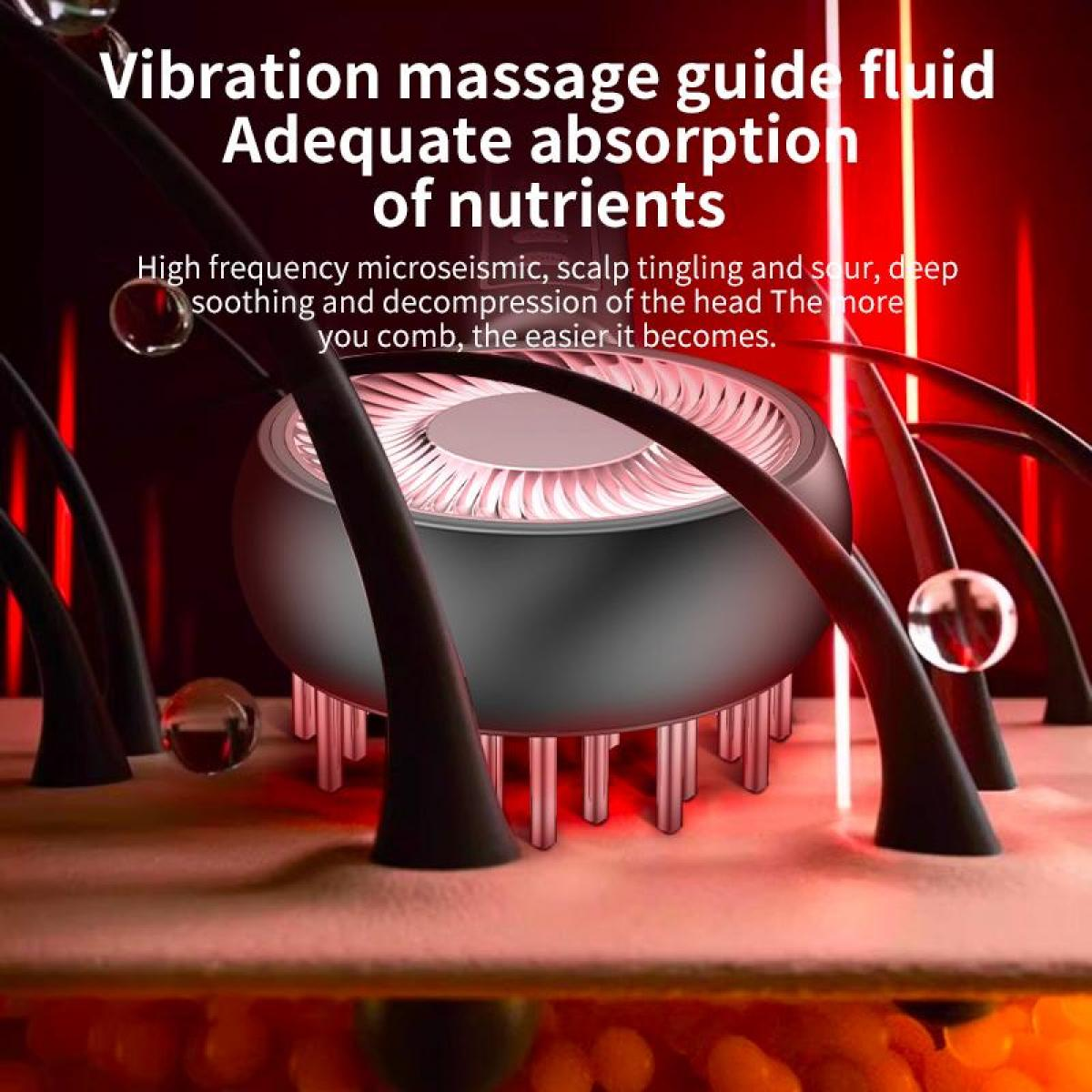 Das Bild zeigt ein Kopfhautmassagegerät mit Haarsträhnen und Text über Nährstoffaufnahme und Kopfhautberuhigung.