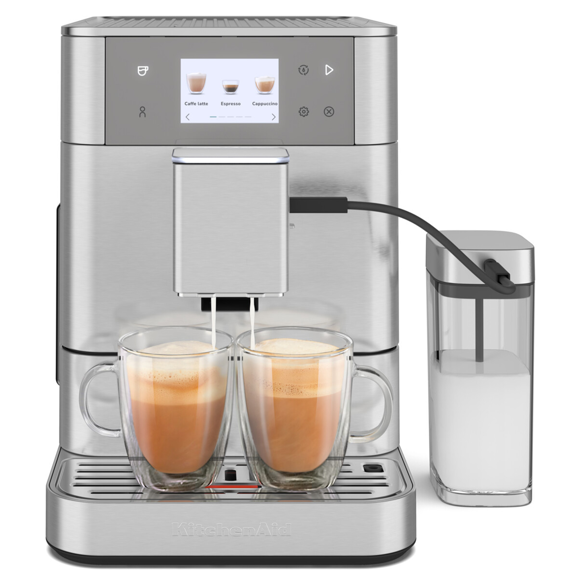 Eine Espressomaschine aus Edelstahl von KitchenAid. Zwei Glasbecher werden mit Kaffee gefüllt. Rechts steht ein Milchbehälter.