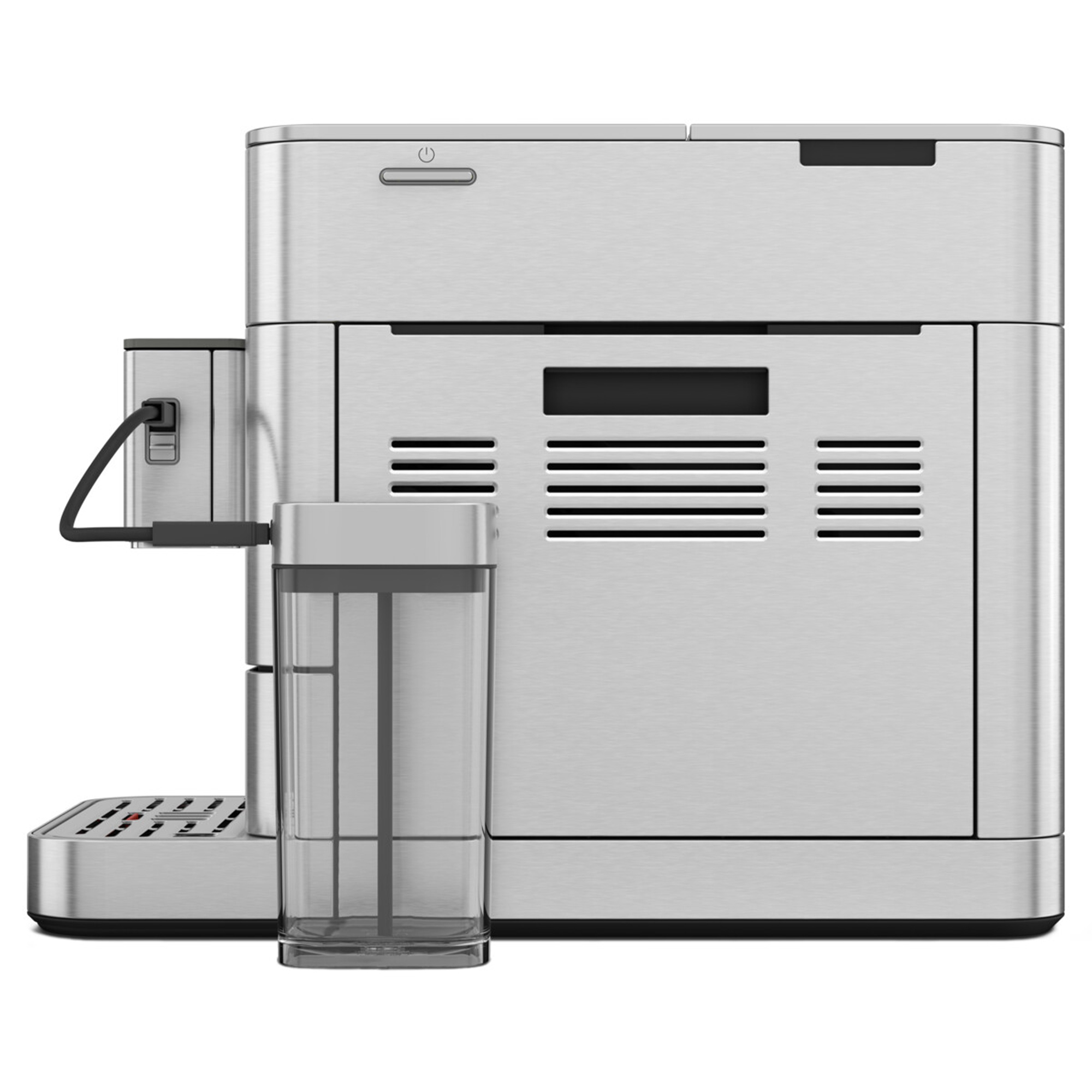 Eine silberne Kaffeemaschine. Sie hat einen Wassertank, einen Ein-Aus-Schalter und eine Abtropfschale. Die Maschine steht auf weißem Hintergrund.